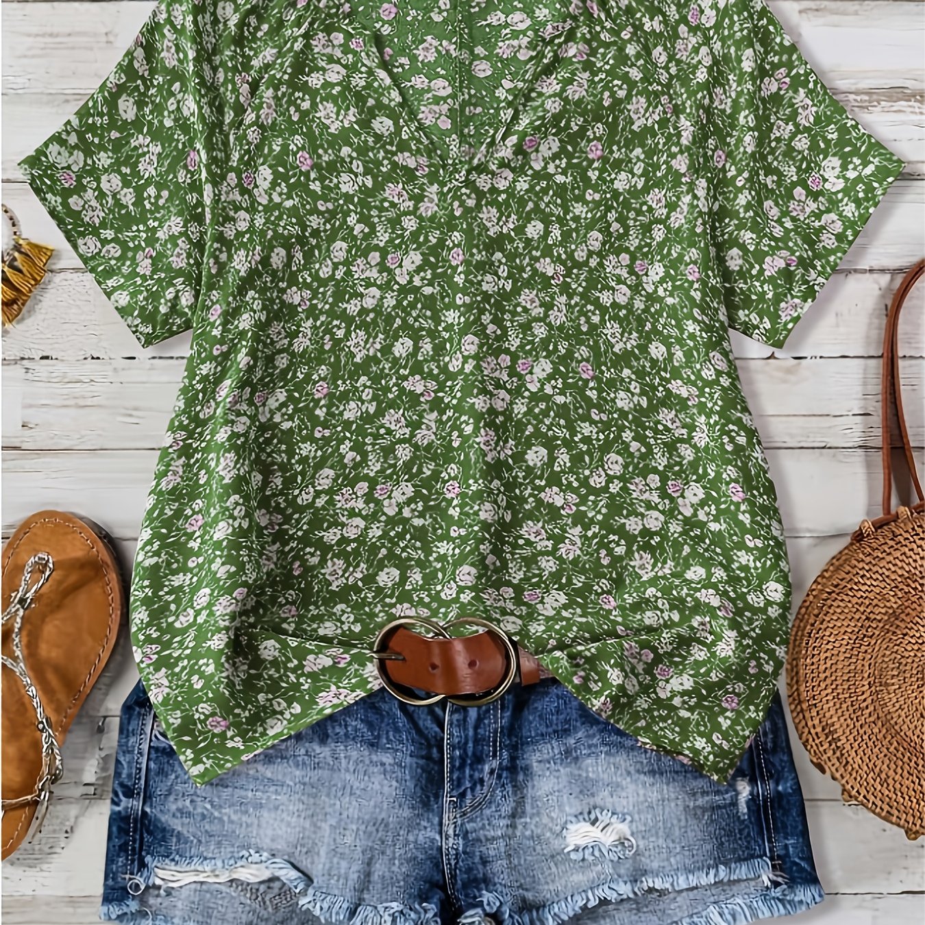 E-shop Plus Size - Plus Size - Damen Blumenmuster V-Ausschnitt Freizeitshirt, Leichtes Sommeroberteil, Modische Frühlings-Sommer-Herbst-Bekleidung,
