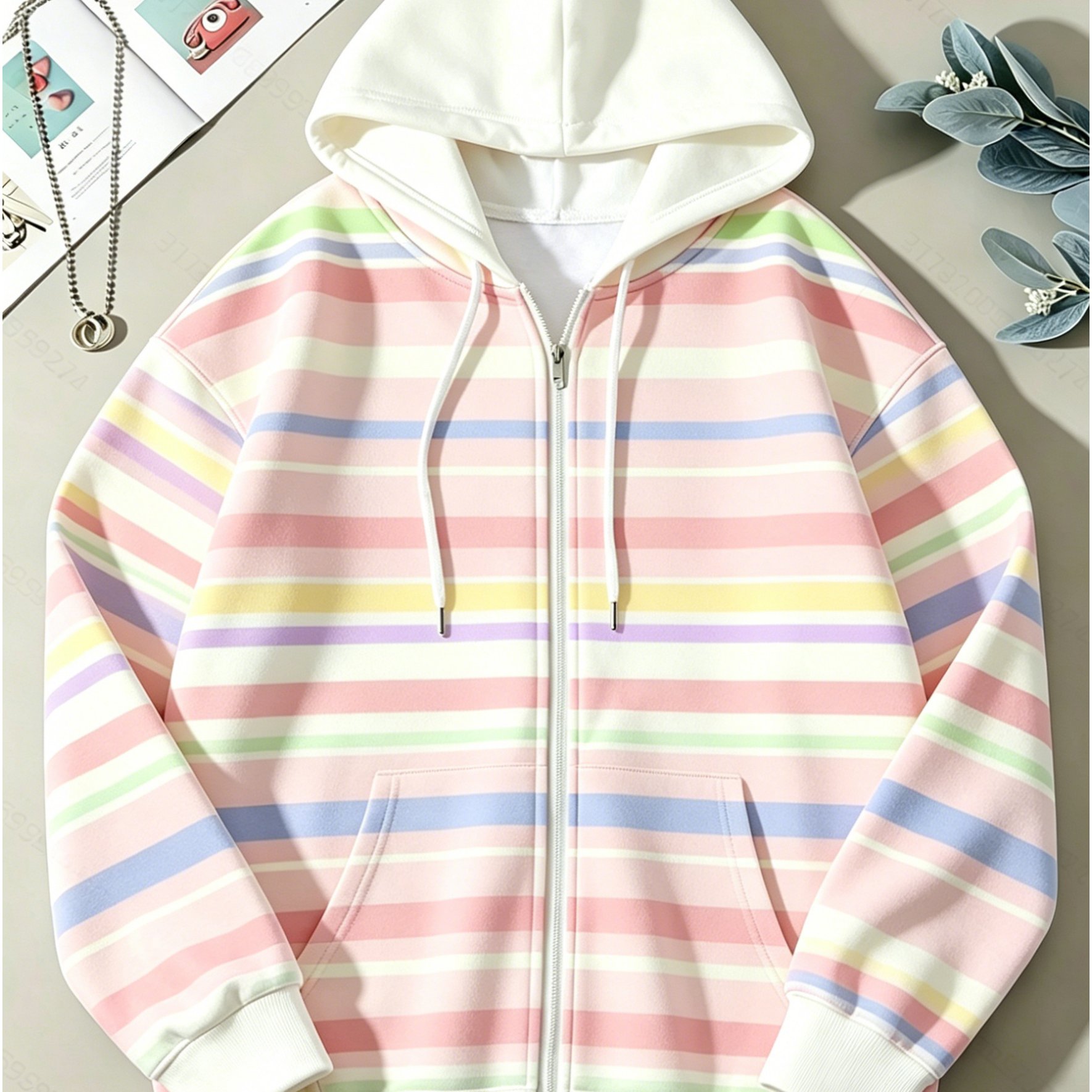 TEMU Plus Size, Macaron Color Striped Hooded Zip-up Cardigan Sweatshirt For Women, Spring/autumn Loose Fit, Versatile And Casual Outerwear