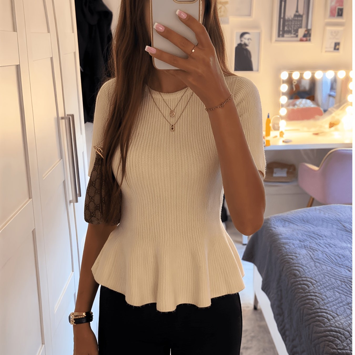 TEMU French Waist-cinching Lace Trim Short Sleeve, Gentle Style Ribbed Sweater For Women, Temperament Versatile Top With Round Neck Design, Slim Fit