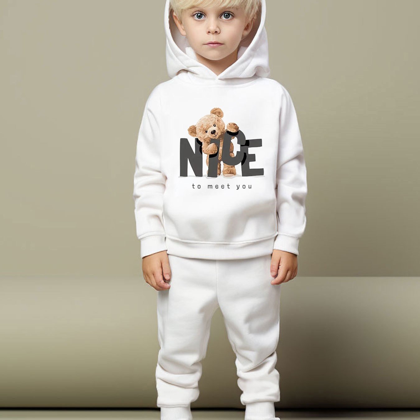 TEMU Boys' Fashion Two-piece Set: Cartoon Bear Letter Print Hooded Long-sleeve Sweatshirt And Casual Versatile Pants Outfit, Perfect For Outdoor