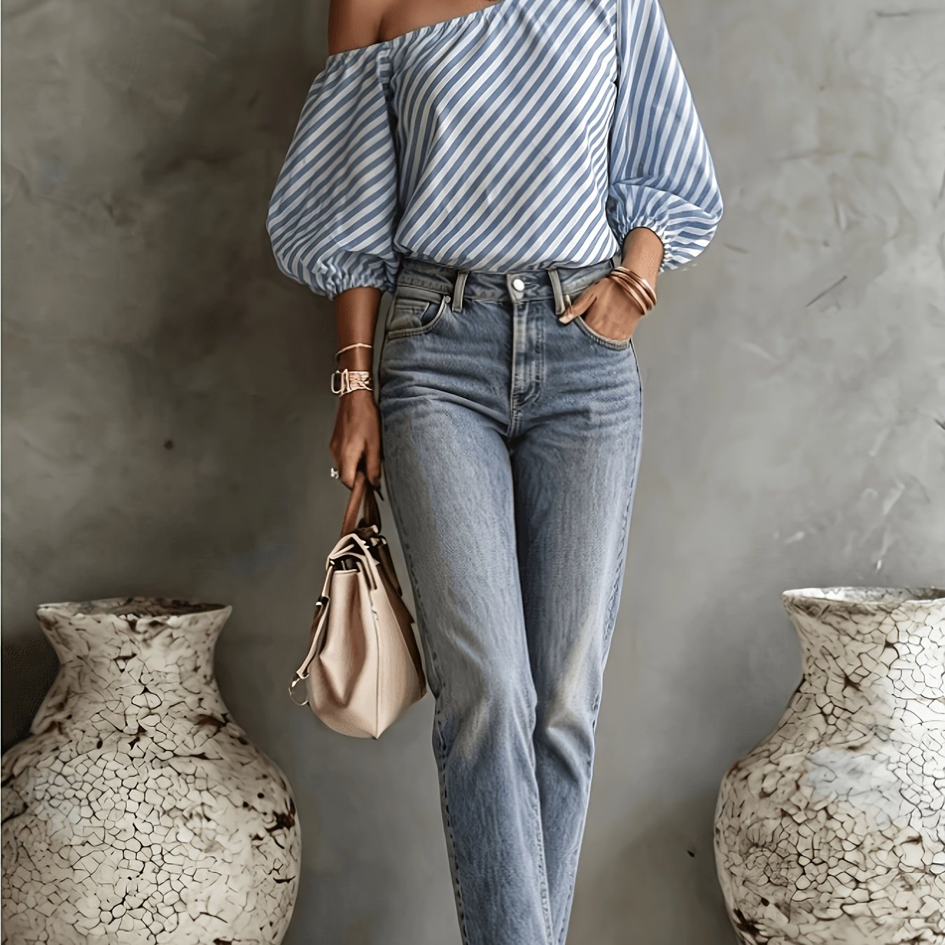 TEMU Elegant Women's Casual Vacation Striped Asymmetrical Off-shoulder Shirt