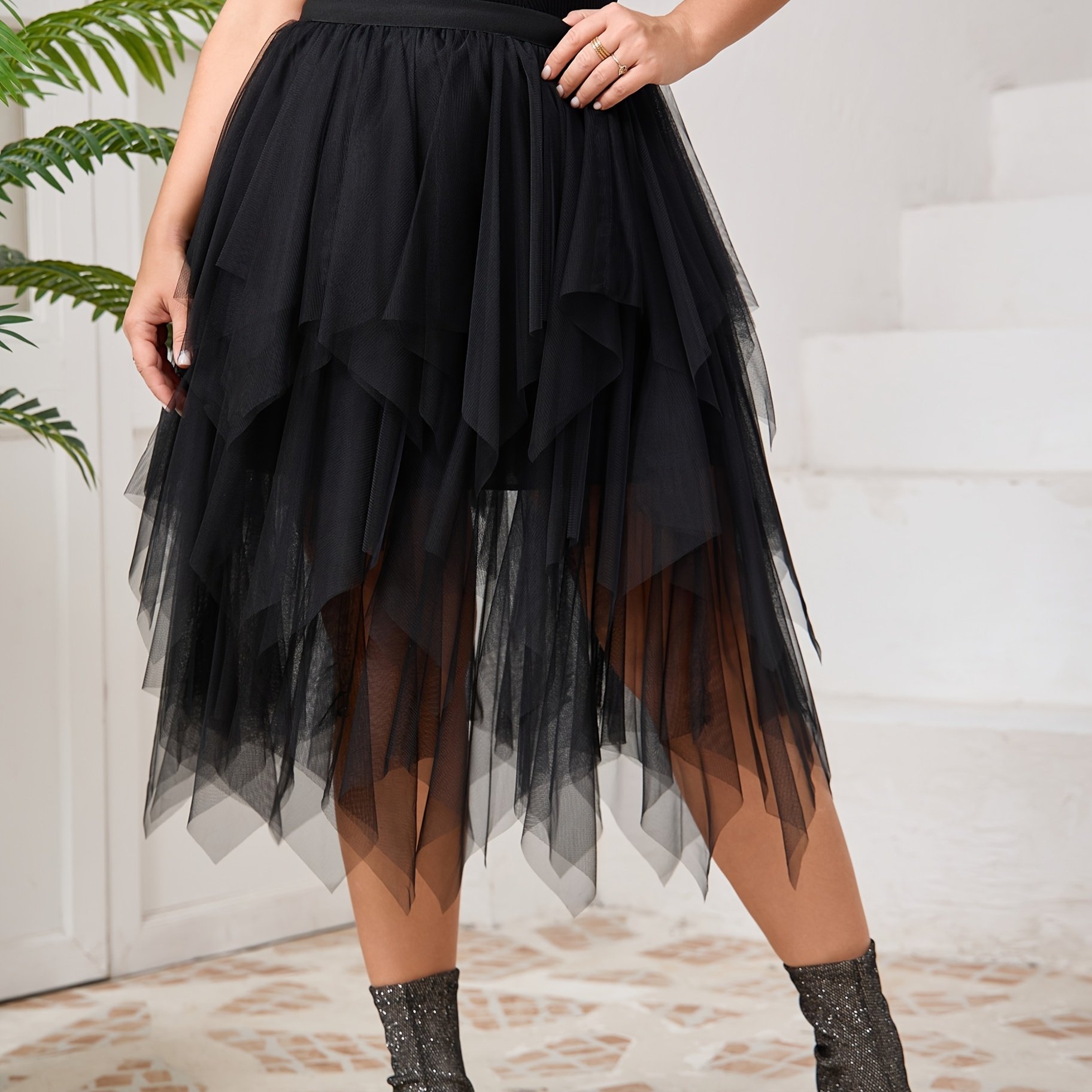 TEMU Plus Size Women's Mesh Skirt, Elegant Irregular Cut Midi Skirt For Parties & Holidays