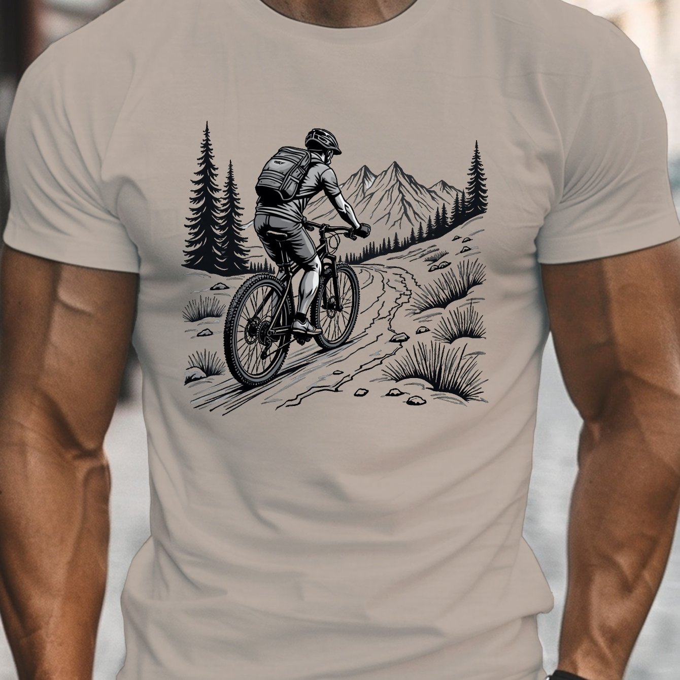 TEMU Men's Mountain Biking Adventure Graphic Tee - Casual Crew Neck Short Sleeve T-shirt, Lightweight Summer Top With Detailed , Outdoor Adventure