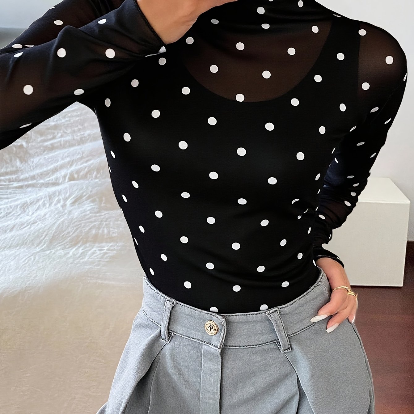 E-shop [Guangbei Border Elegant Fixed Item] Damen Polka Dot Mesh Bluse, Semi-Sheer, Minimalistisch Lässige Alltagskleidung Transparent Langarm Top,