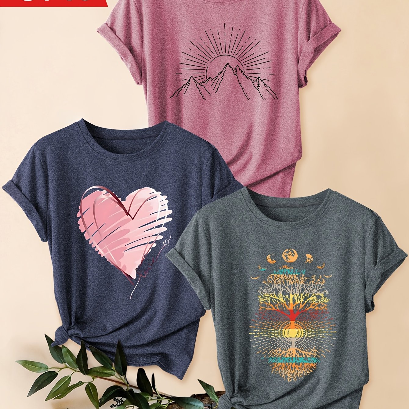 Image of Three-pack Mountain Print Fashion Vintage Style Women's Casual Sporty Round Neck Short Sleeve T-shirts