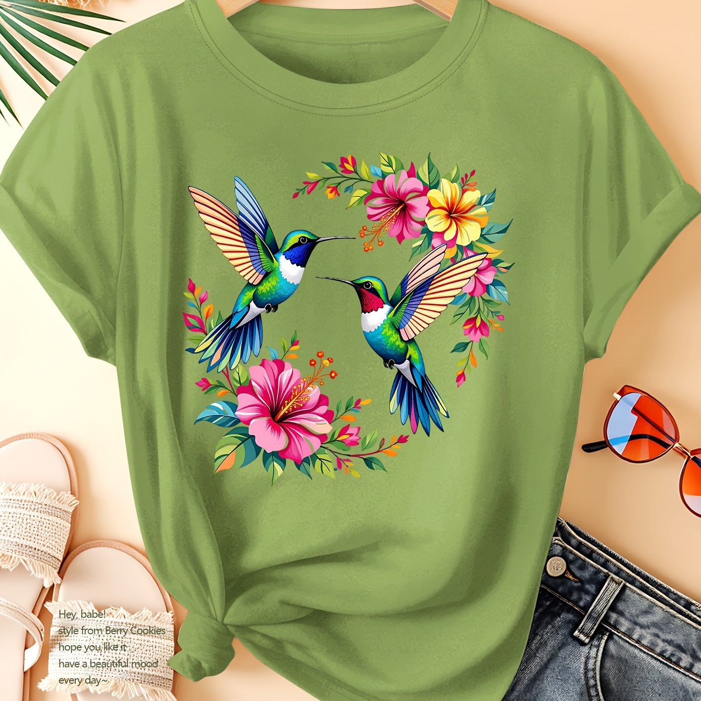 TEMU Hummingbird Floral Print Fashionable Elegant Women's Spring Summer Autumn Casual Sporty Top Soft Comfortable Round Neck Short Sleeve T-shirt In