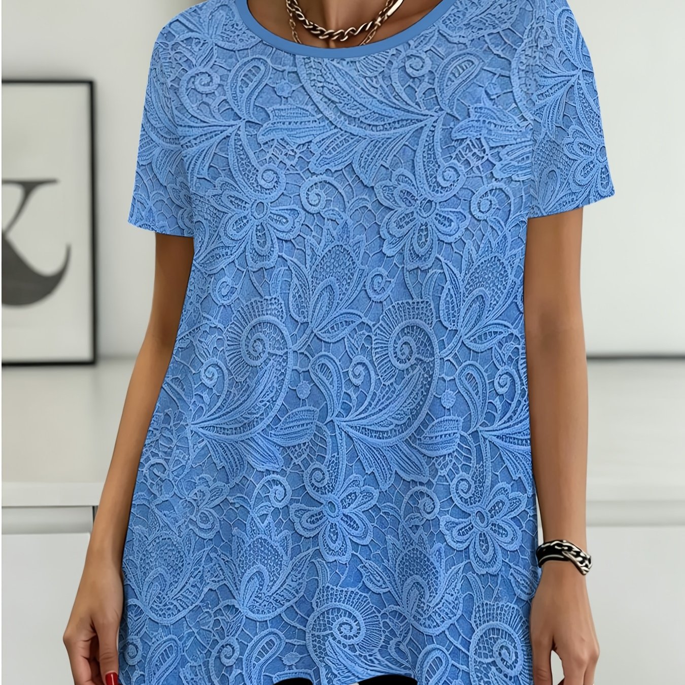 TEMU Plus Size - Lace Floral Print Short Sleeve T-shirt, Women's Plus Size Round Neck Casual Outdoor Top [printed Design - Not Textured]