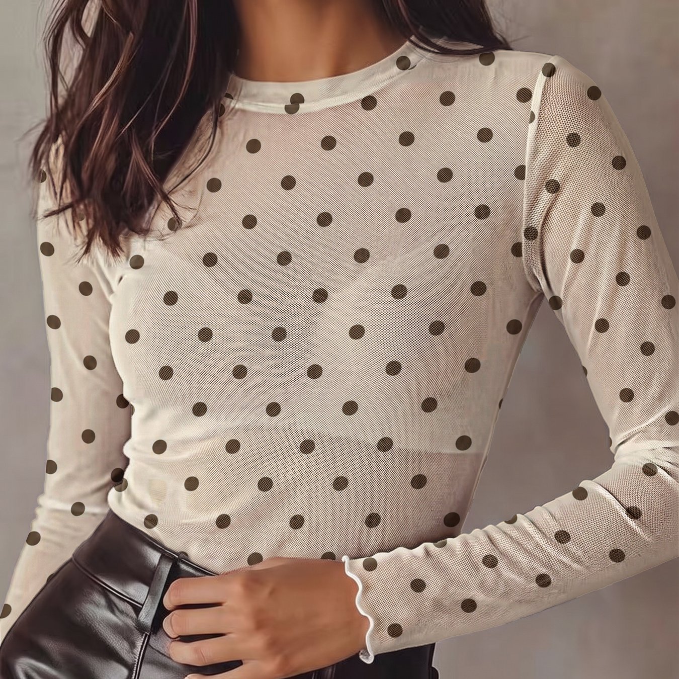 TEMU Women's Sheer Mesh Sexy Top With Polka Dot Pattern, Smooth, Breathable, Comfortable, Skin-friendly, Stretchy Fabric, Elegant And Fashionable For