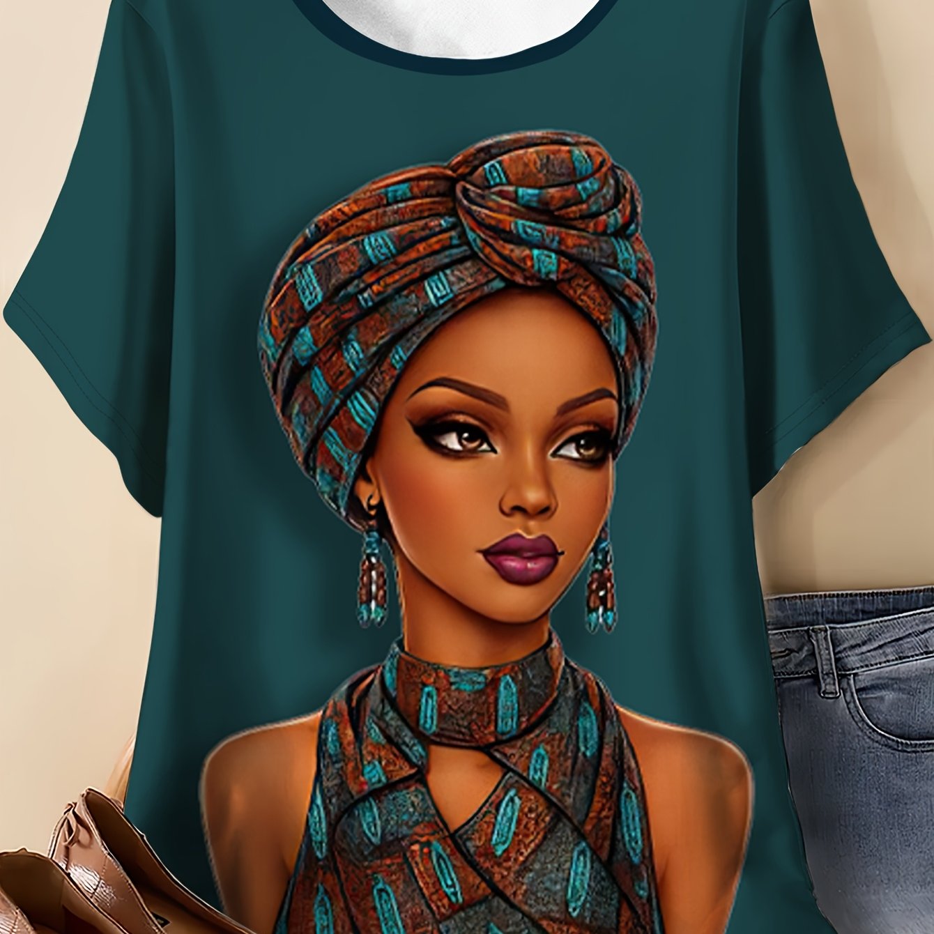 TEMU T-shirt grande taille pour femme avec imprimé motif femme africaine avec foulard - Haut décontracté à manches courtes et col ras du cou, design