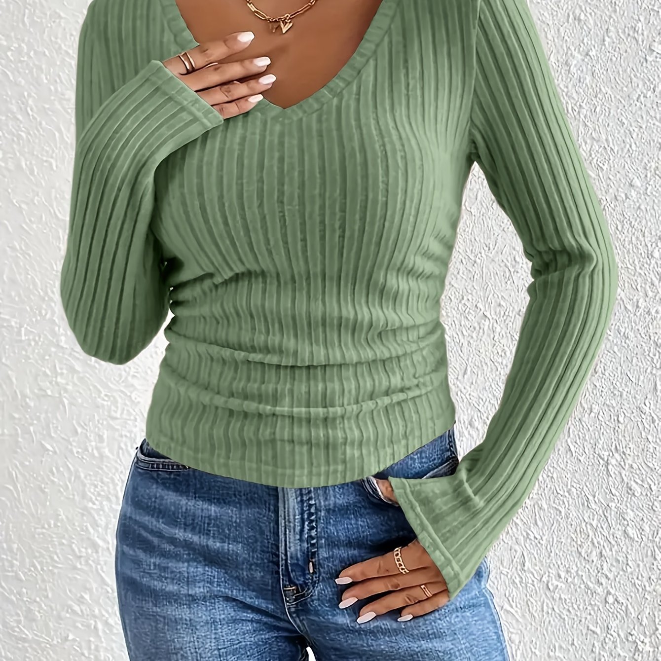 TEMU Damen V-Ausschnitt Langarm Geripptes Gestepptes Lässiges T-Shirt, Western Style Freizeit Top