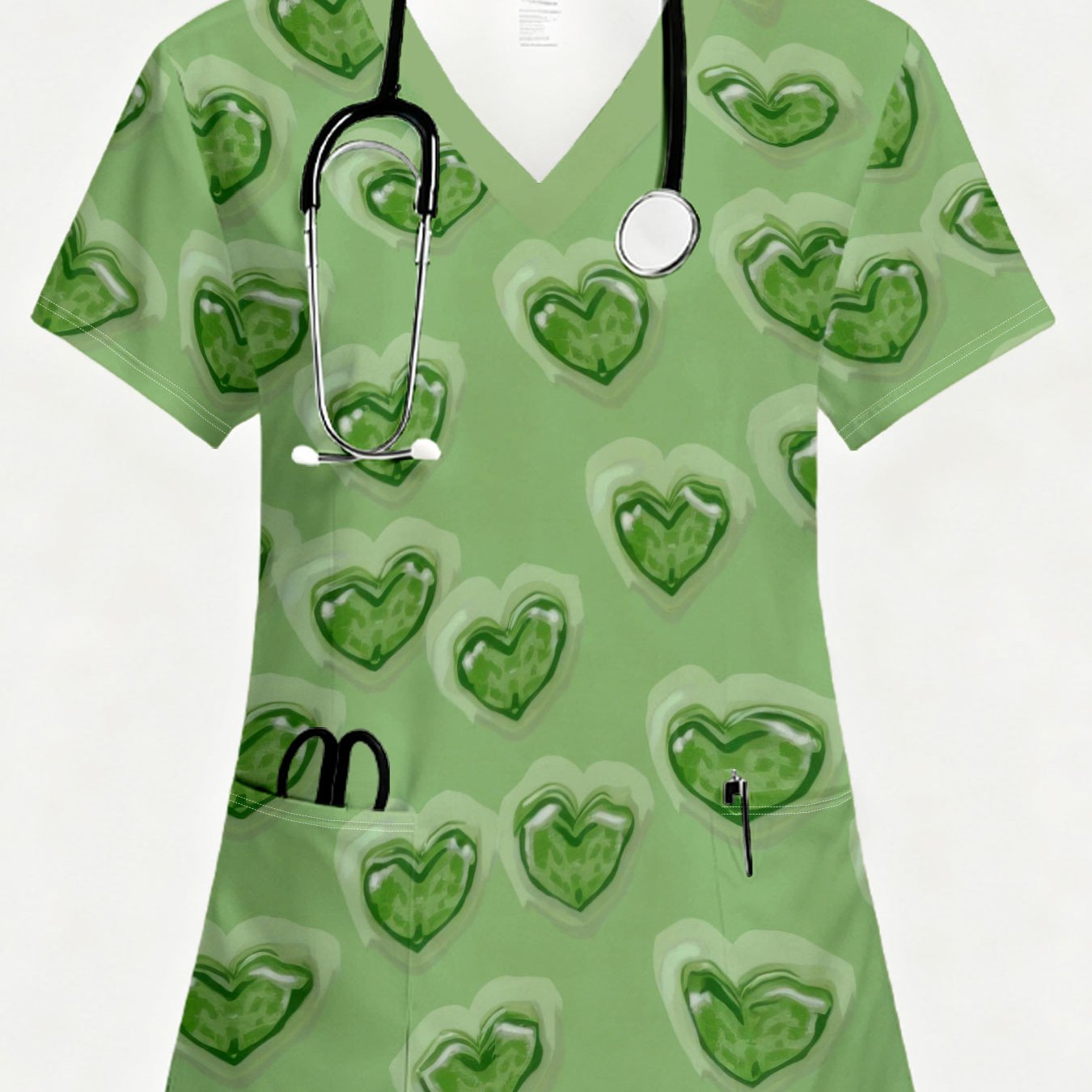 TEMU Ladies' Stylish V-neck Short-sleeve Top Featuring A Print With Heart Pattern Background, Equipped With Pockets. Made From Breathable, Soft, And