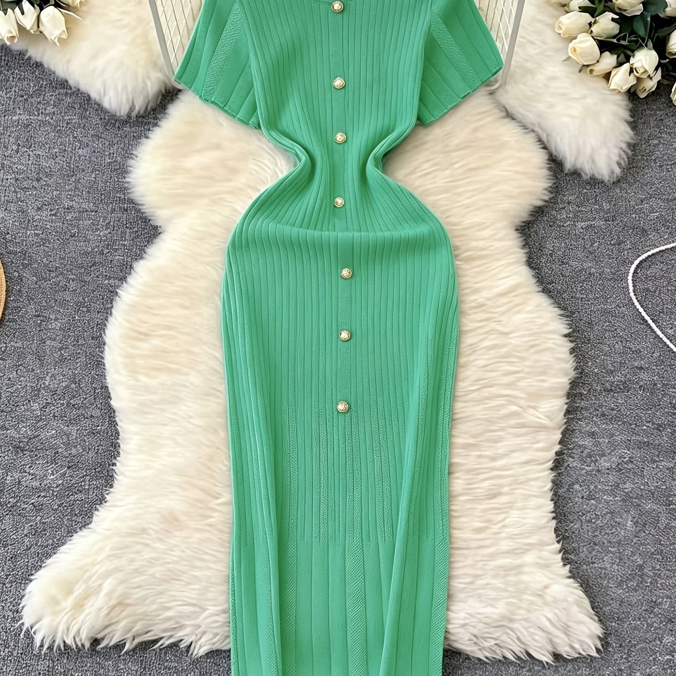 TEMU Retro Ribbed Dress, Women's Golden Decoration, Waist-cinching, Short-sleeved Long Dress, Slim-fit, Hip-hugging, Mid-length Dress