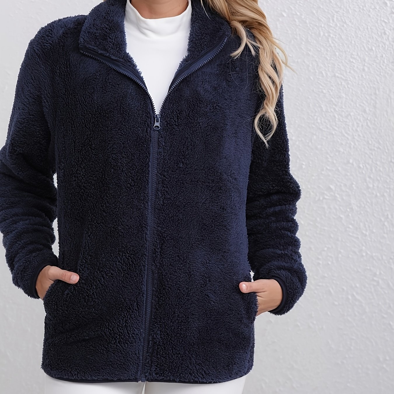 Fall Winter Fleece Women's Jacket Zipper No Hood Soft Comfortable Easy Versatile Navy Fleece