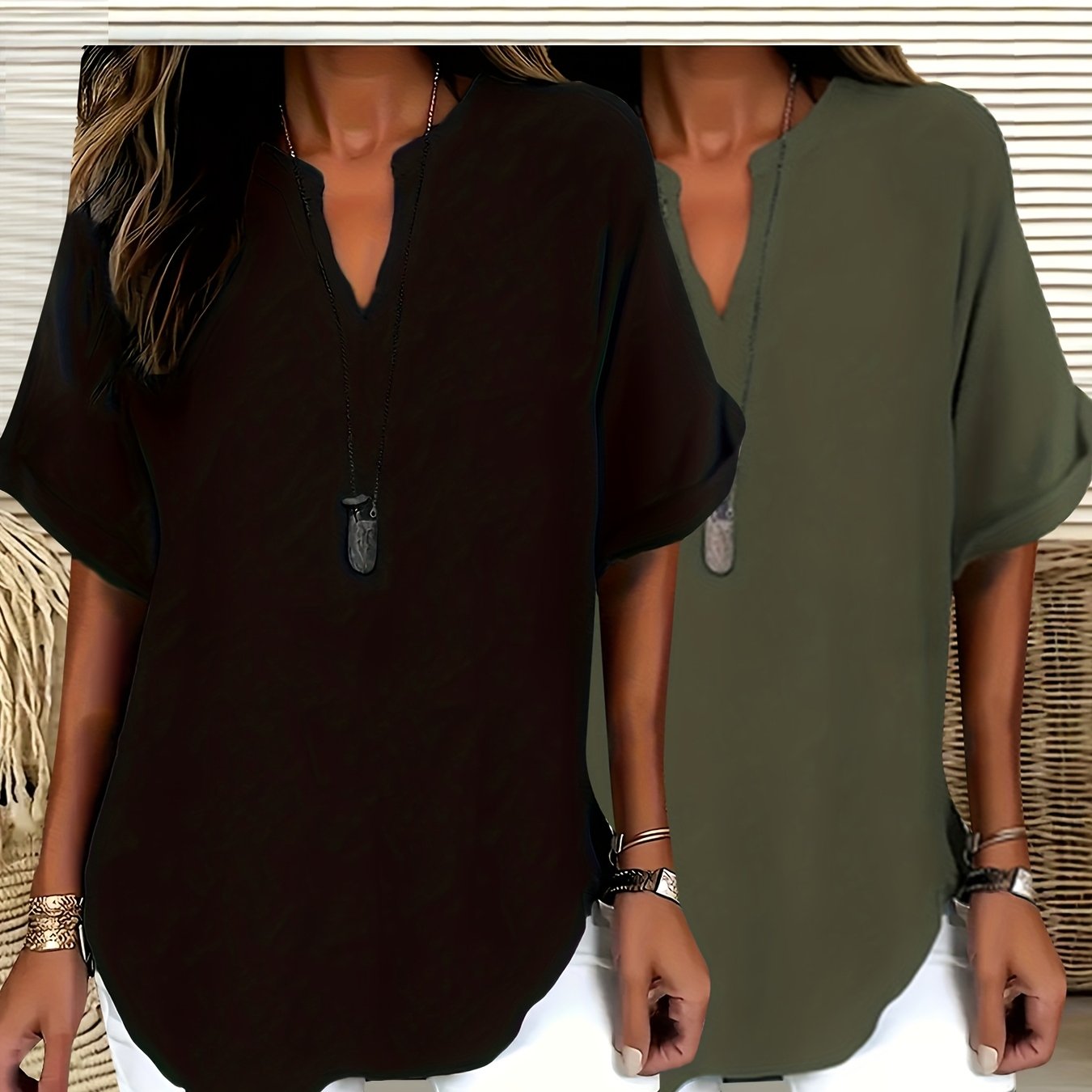 E-shop Plus Size, Damen Elegantes Modisches Uni-Farben V-Ausschnitt Kurzarm-Oberteil Kombination 2-teilig