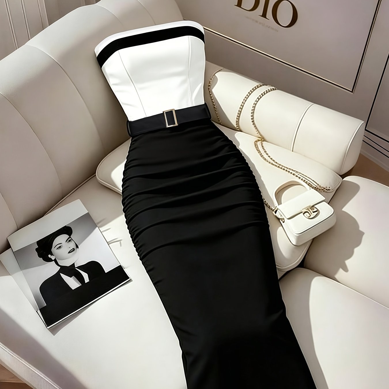 TEMU Bodysuit Contrast Color Fitted Dress One-shoulder Strapless Belt Waist Cinching Pleated Dress Retro Style Strapless Long Fitted Skirt Classic