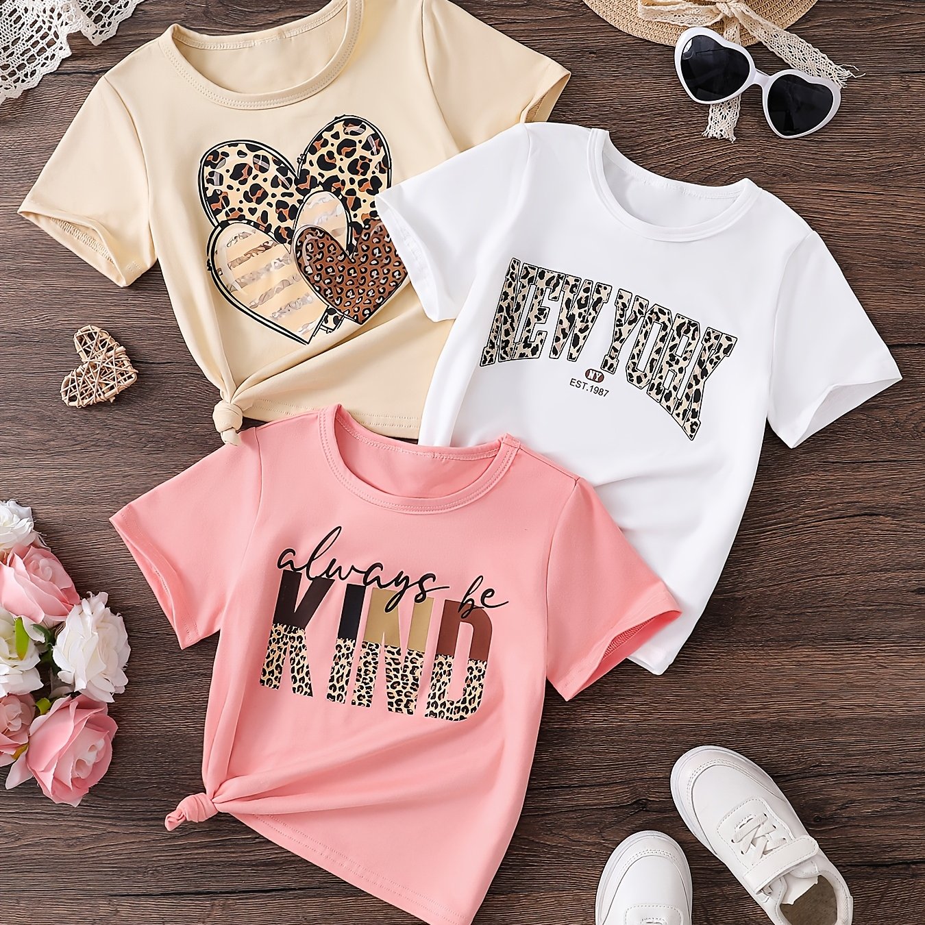 E-shop 3er-Pack modische, lässige schlichte Sommer-T-Shirt-Oberteile für Mädchen im europäischen amerikanischen Stil, dünner Sommerstil, niedliche