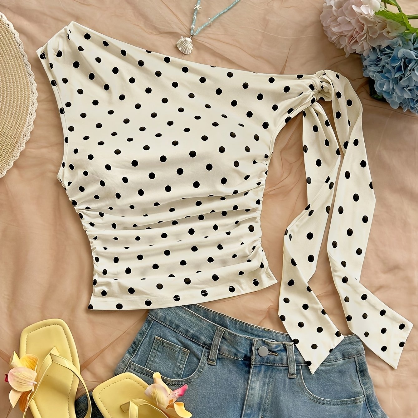 TEMU Women's Elegant Polka Dot Asymmetrical Shoulder Sleeveless Ruched Slim Fit T-shirt