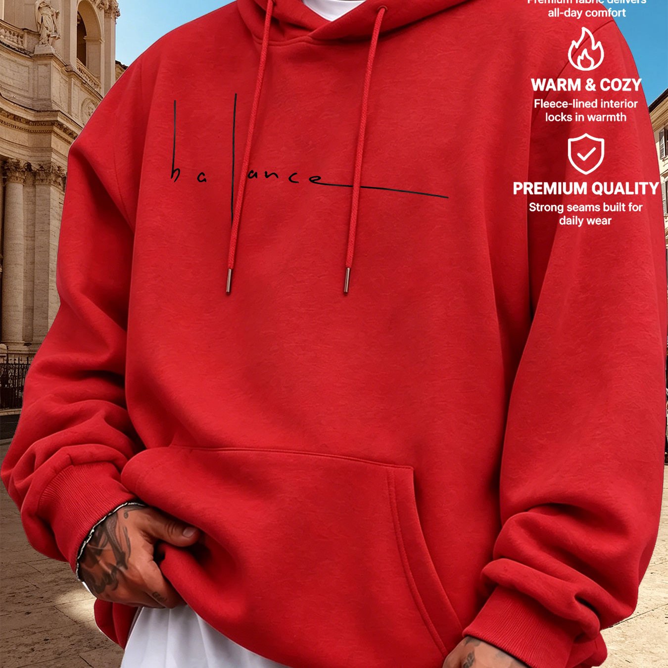 TEMU Men's Style Hooded Sweatshirt Balance Handwritten Letter Versatile Loose Men's Casual Long Sleeve Top