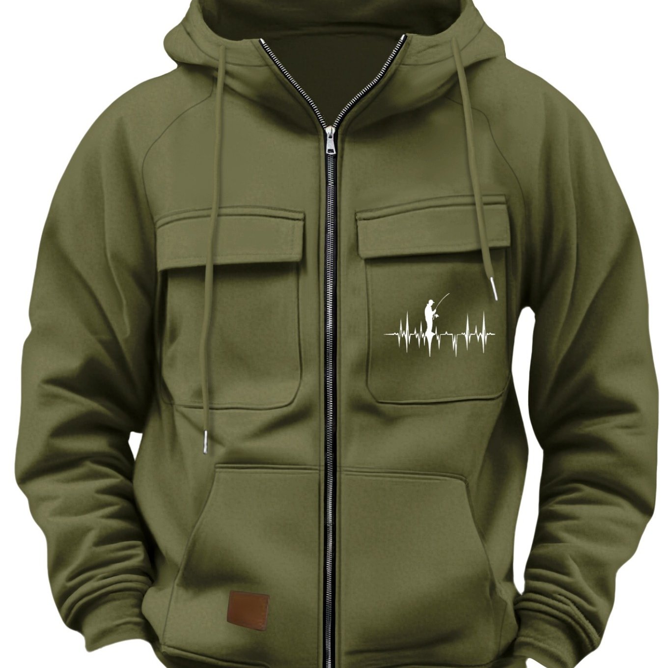 TEMU 's Casual Multi-pocket Hooded Zip-up Sweatshirt, Workwear Jacket, Fishing Heartbeat Print Design, Versatile Top, Suitable For Daily Commuting