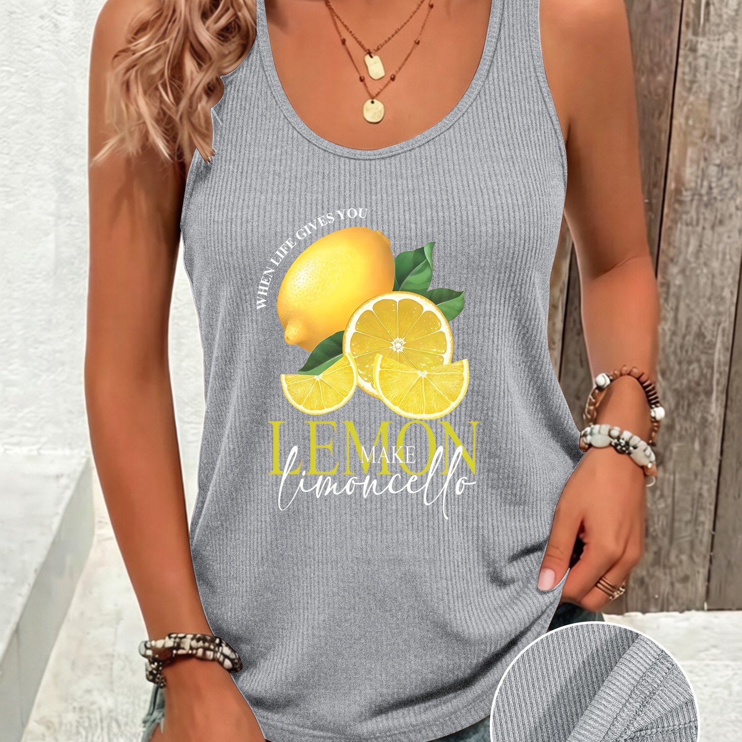 TEMU Women's Spring Summer Fashion Casual Ribbed Sleeveless Long Vest, Lemon Pattern Printed T-shirt, Leisure Vacation Women's Soft Comfortable