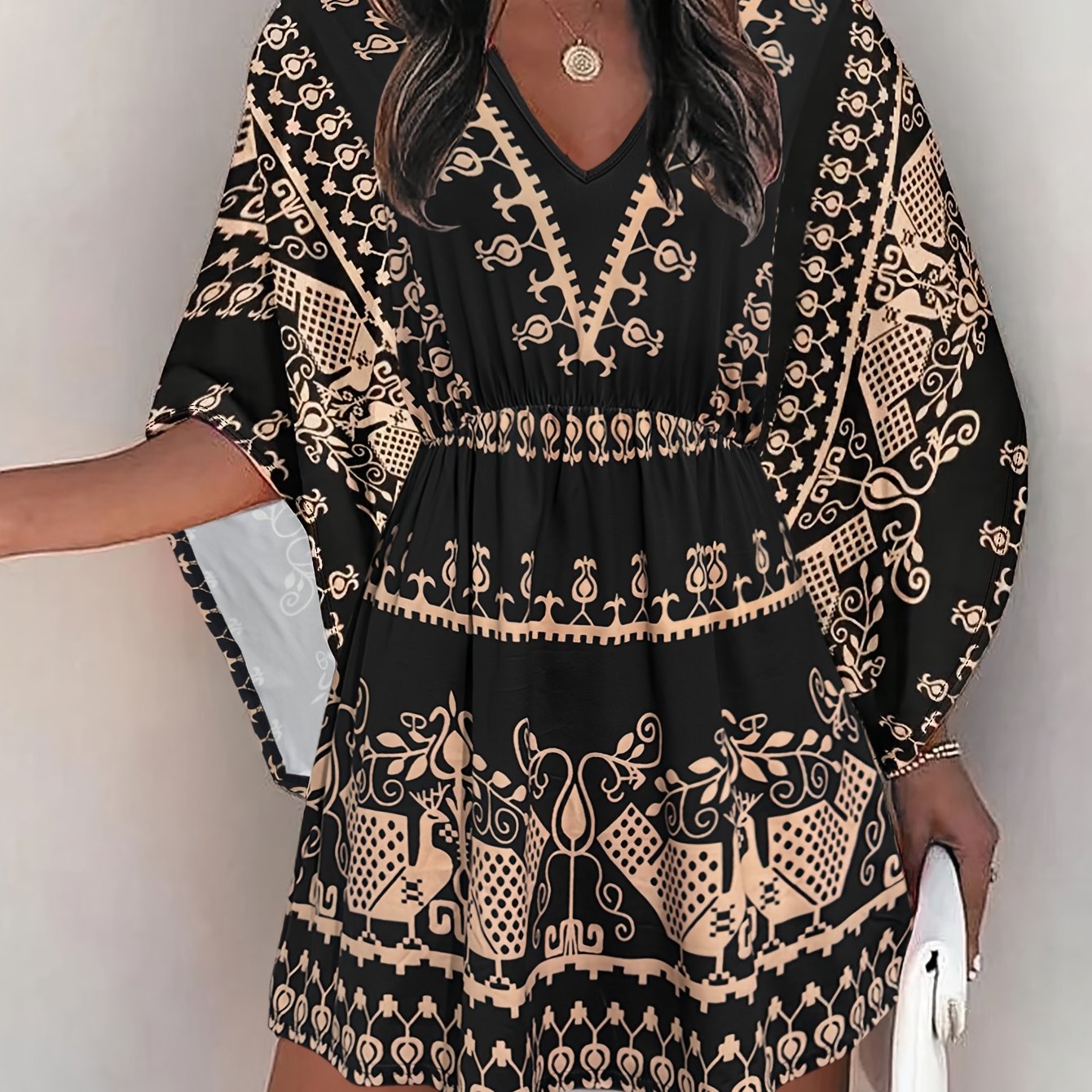 Spring/autumn Ethnic Style Flared Mid-sleeve 's Elastic Waist Design Daily Casual