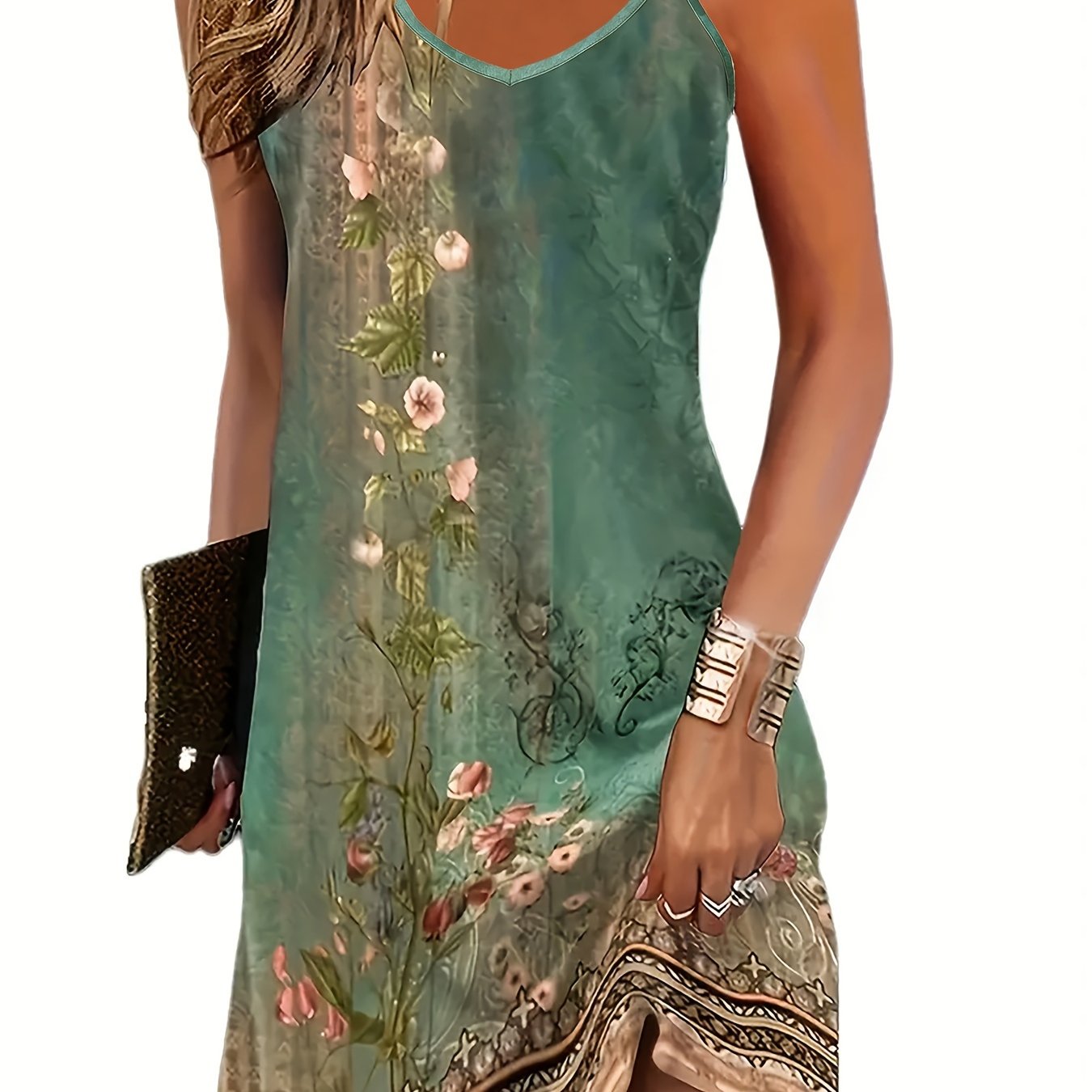 Image of Fashionable V-neck Summer Camisole Sleeveless Slim Fit Casual Floral Classical Print Dress