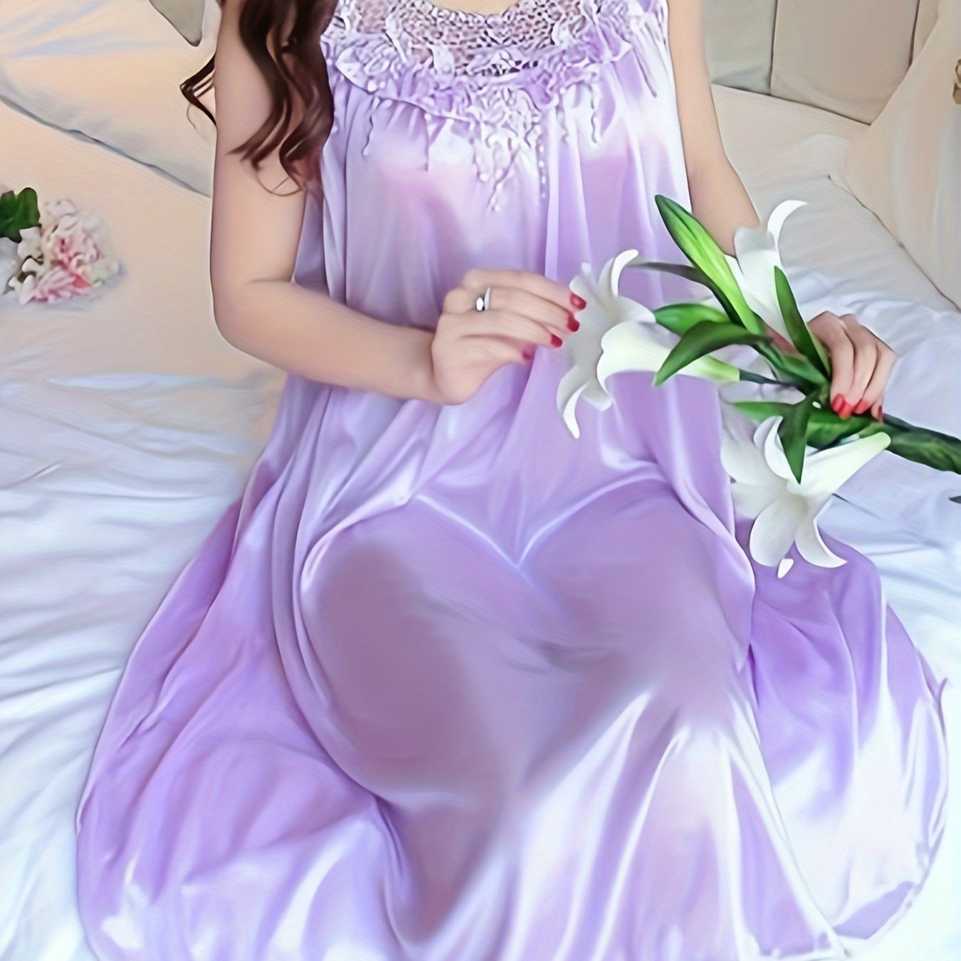 Image of Women's Elegant Solid Contrast Lace Sleepwear Dress, Round Neck Sleeveless Tank Dress, Comfortable Nightgown