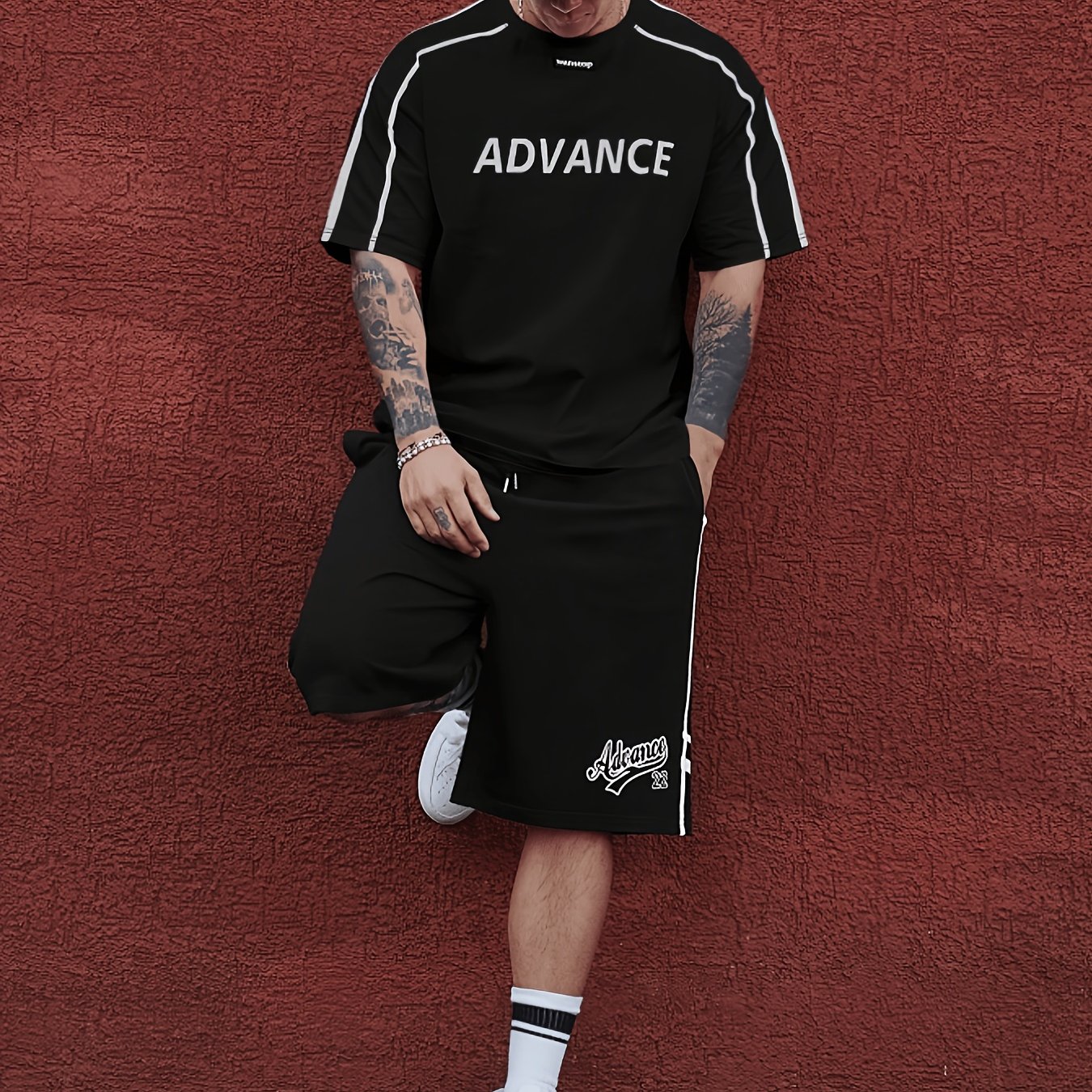 TEMU 's Geometric 2pcs Set - T-shirt & Casual Shorts - Men's Fashion Trendy Outfit, Suitable For And Parties, High-end And Prestigious Gift
