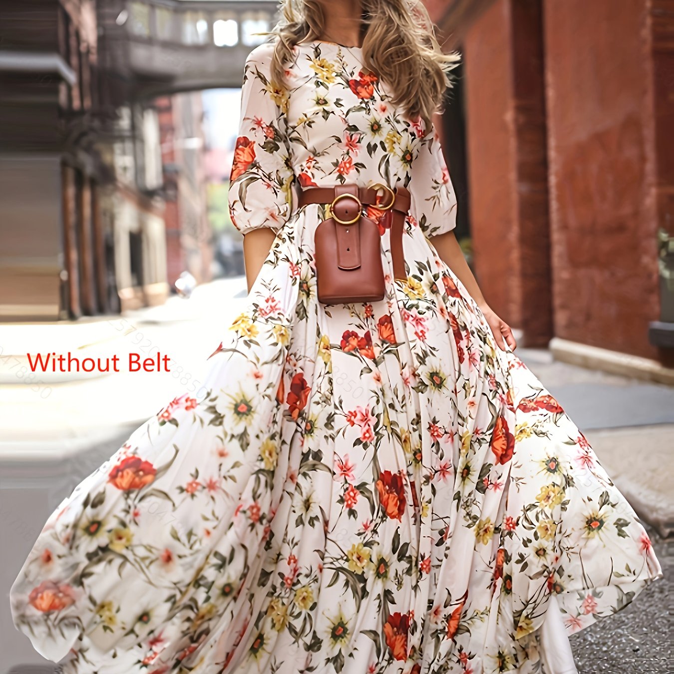 A High-quality Floral Print Holiday Dress, An Elegant Round-neck Short-sleeved Cinched-waist Dress. A Summer Dress For Women Suitable For Spring And Summer