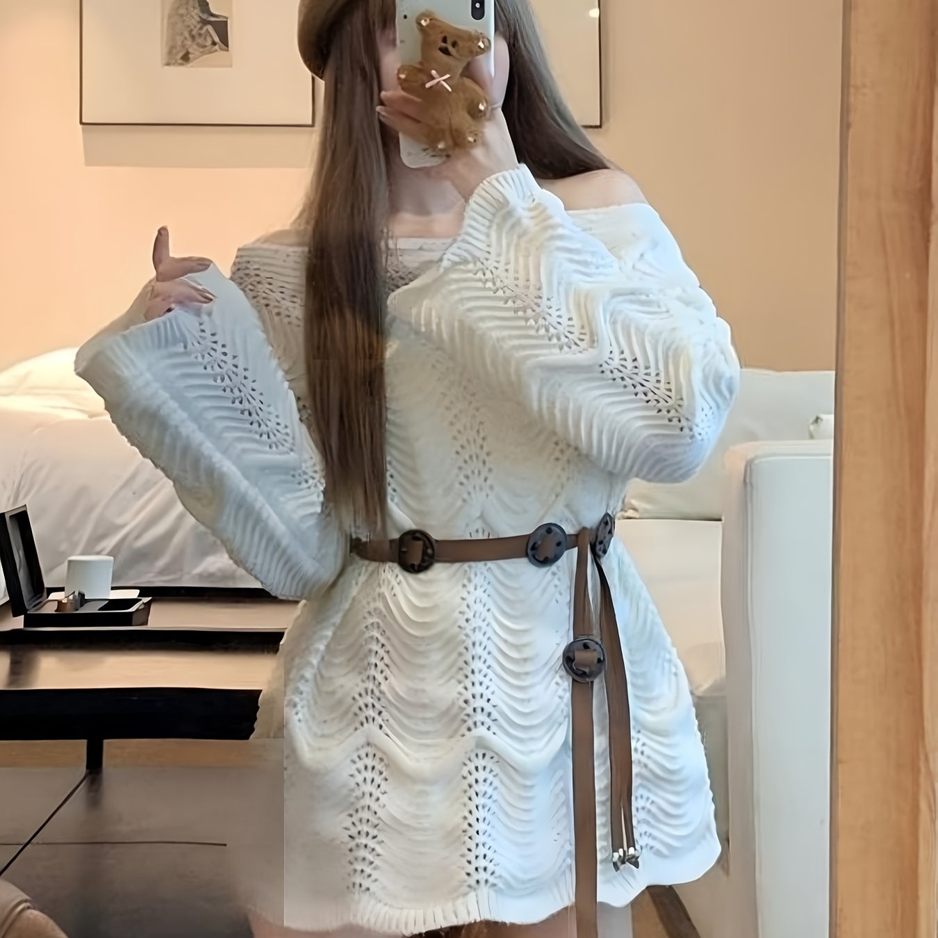 TEMU Elegante Losse Trui met Lange Mouwen | 2026 Nieuwe Release, Off-Shoulder, met Riem, Lente/Herfst Seizoen