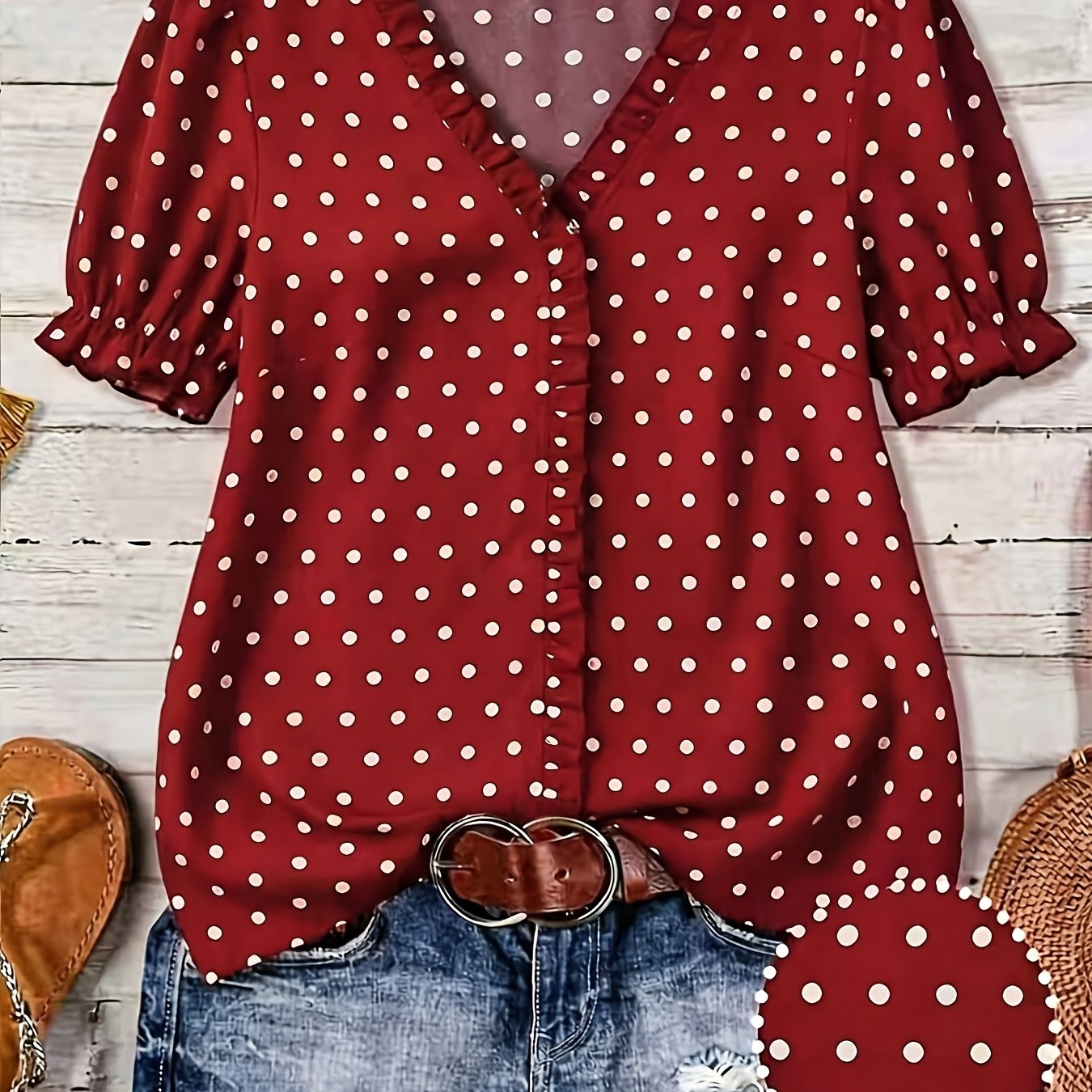 TEMU Ladies Polka Dot V-neck Hem Shirt
