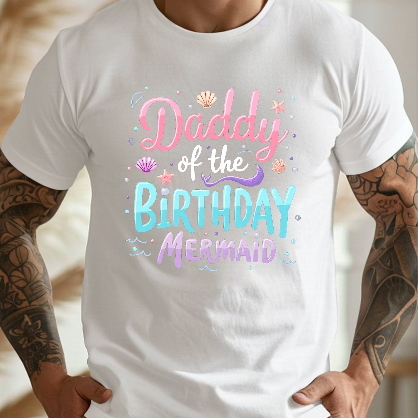 TEMU Daddy Of The Birthday Mermaid Print, Men's Round Crew Neck Short Sleeve Tee, Casual T-shirtcasual Comfy Lightweight Top For Summer
