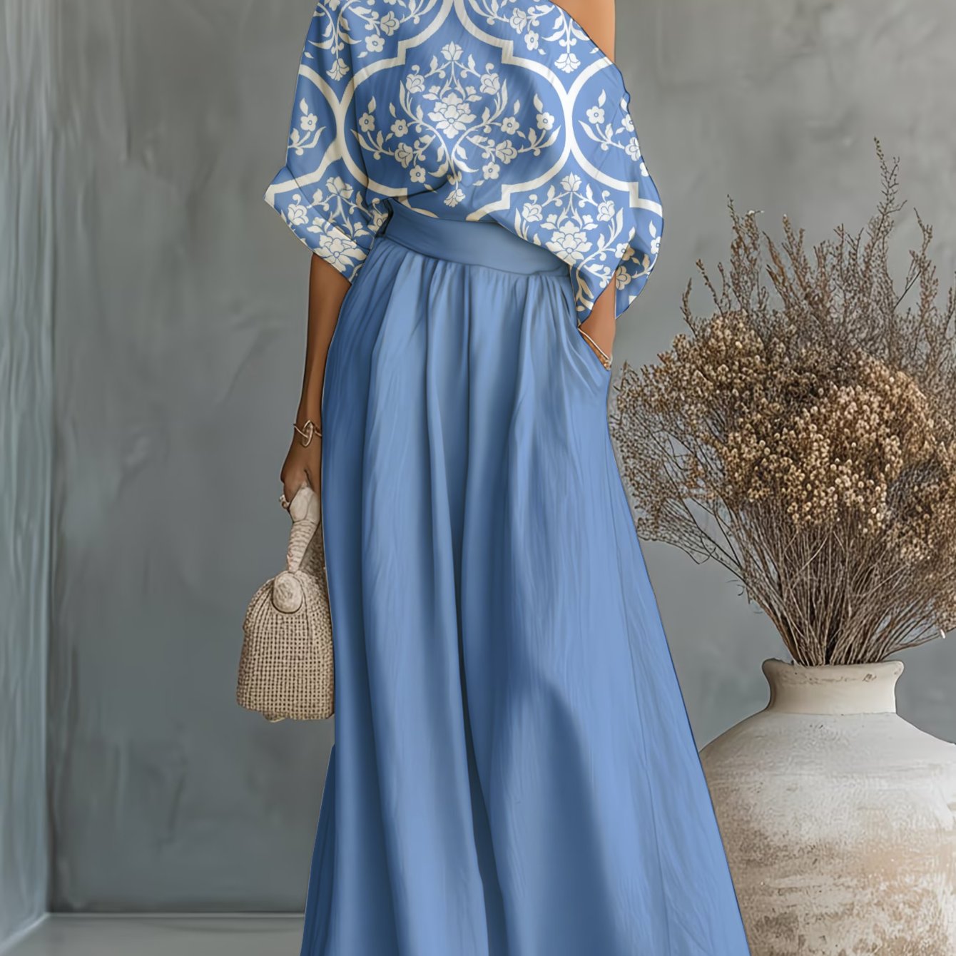 Women's Sleeveless Cut-out Halter Two-piece Set With Loose, Stylish Design, Featuring Flowing Tropical Prints For The Beach, Casual Dress