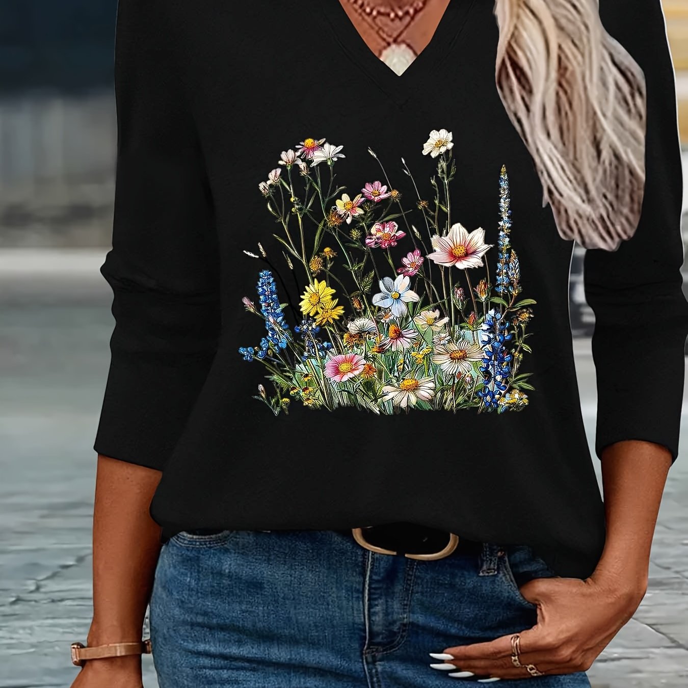 TEMU 2025 New , Gift For Her, Spring , Wild Flowers Natural, Gardener Plant Print, Spring/summer Fashion Simple Women's Casual V-neck Three-quarter