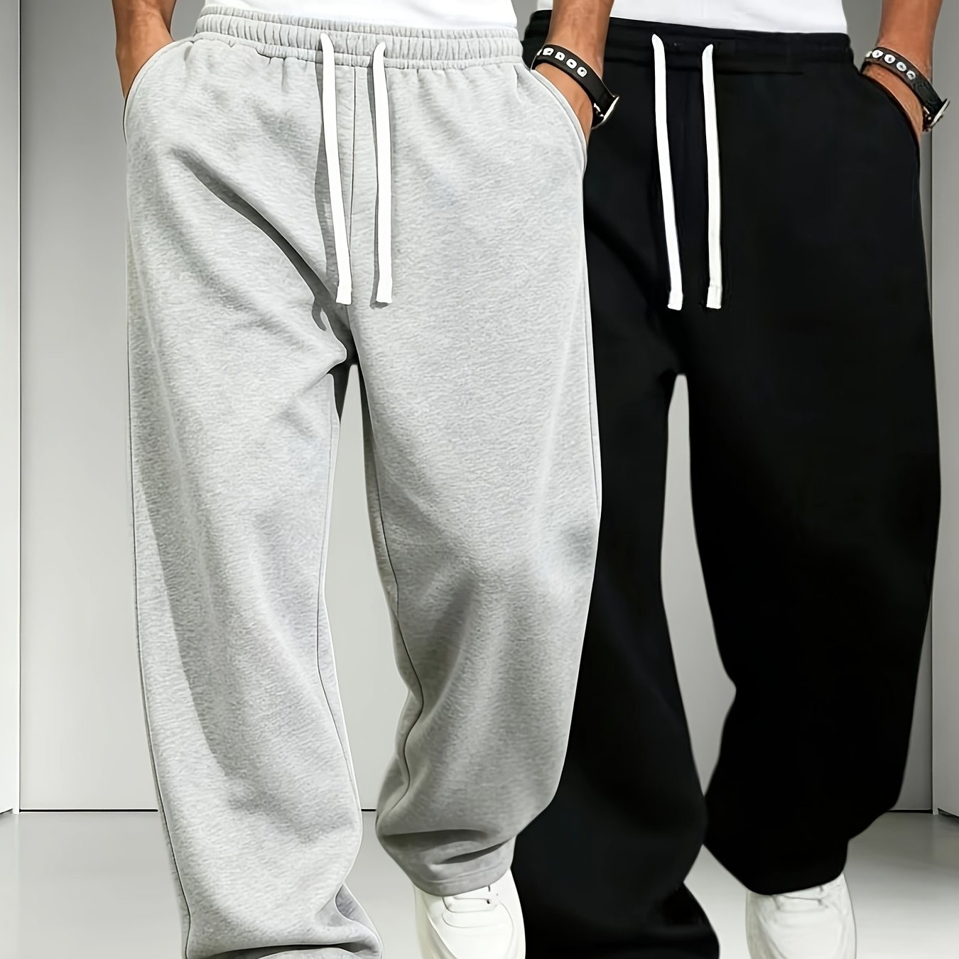 TEMU 2pcs Men's Elastic Waist Drawstring Sweatpants, Loose Straight-leg Casual Trousers, Soft Knit Joggers For Daily Outdoor Wear