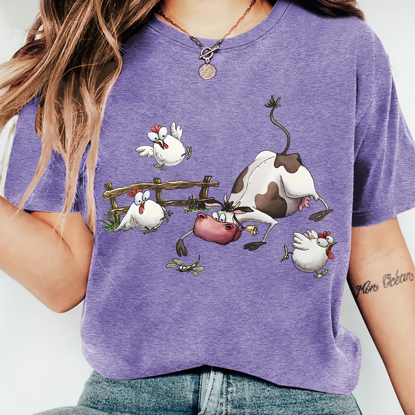 TEMU Ladies' Summer T-shirt | Cow Falling And Chicks Flying Print, Comfortable Soft Fashionable Elegant Vintage Crew Neck Short Sleeve, , Sizes S-xxl