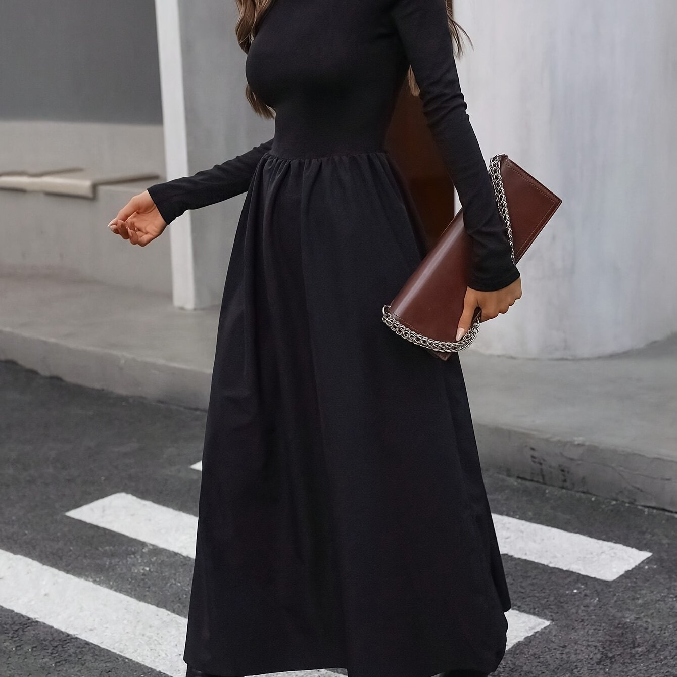 Latest Elegant And Simple-looking Spliced Long-sleeve Waisted Women's Dress
