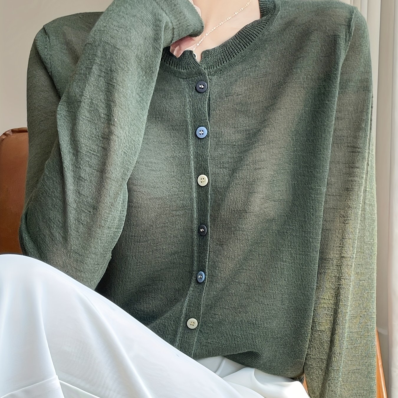 E-shop 2025 Neue Damen-Cardigan – Leicht, Lockerer Rundhalsausschnitt mit Langen Ärmeln, Halbtransparentes Knopfdesign, Sommerliche Einfarbige