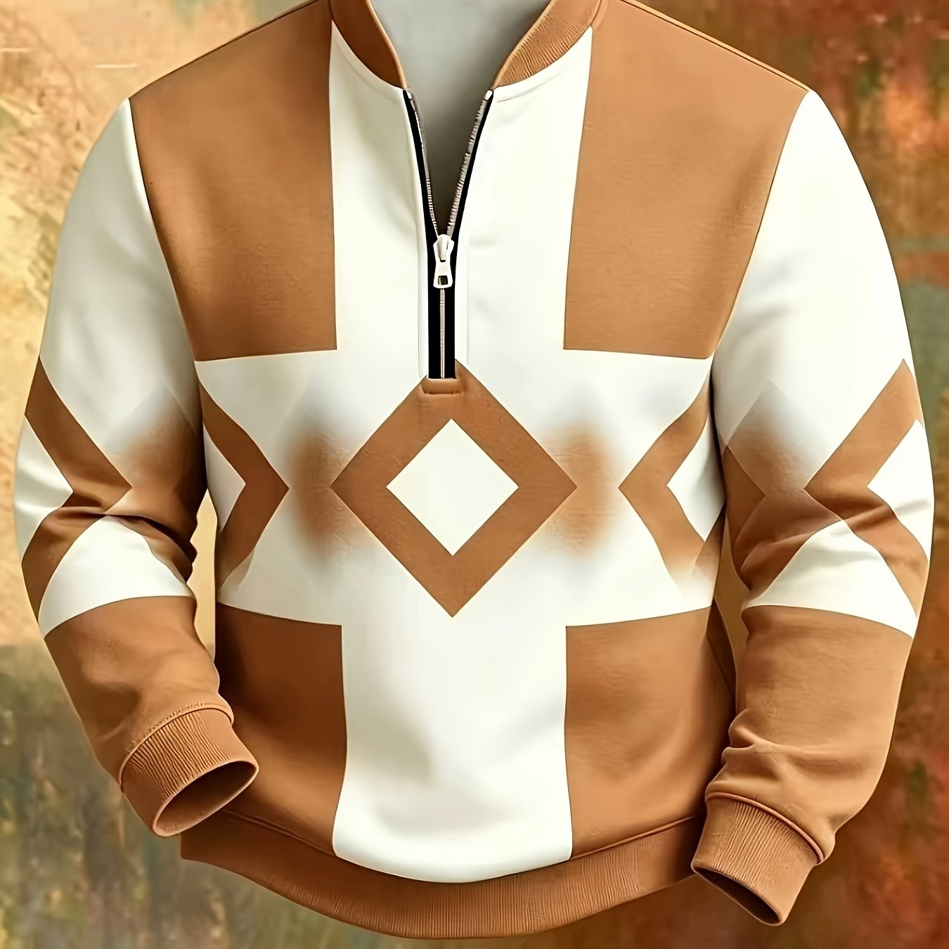 TEMU [printed Design- Not Textured] Men's Gradient Pattern Printed Half-zip Stand Collar Sweatshirt, Casual Top For Daily Commuting