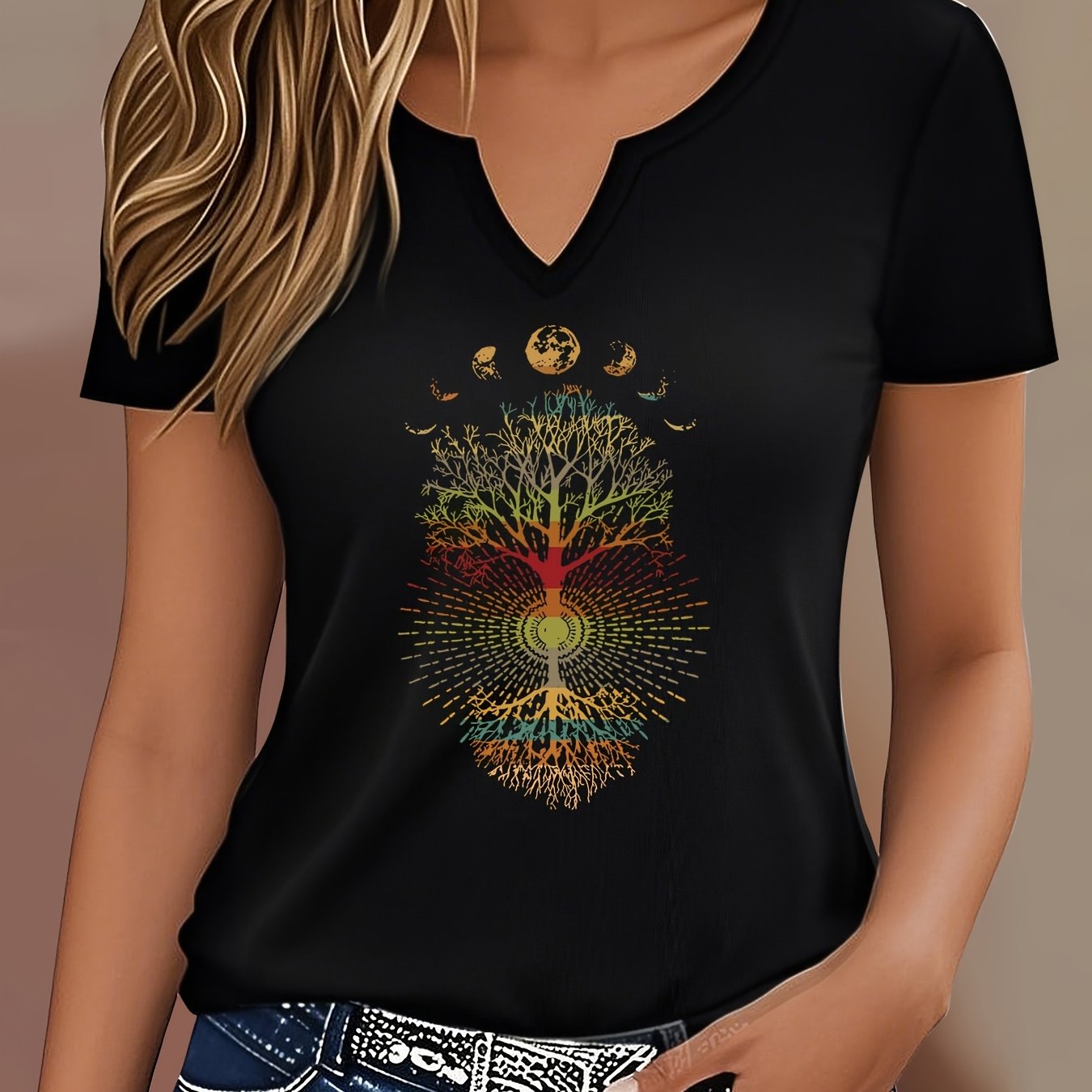TEMU T-shirt à imprimé de lettres, haut décontracté à manches courtes et col en V pour l'été et , vêtements pour femmes