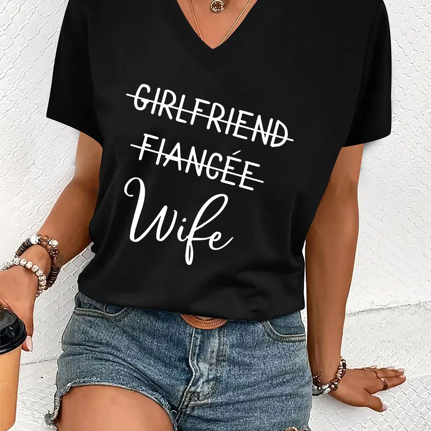 TEMU Women's Casual Summer V-neck T-shirt With "girlfriend Wife" Print - Soft & Comfortable Fabric, Short Sleeve, Top, Casual Wear | Text Design | ,