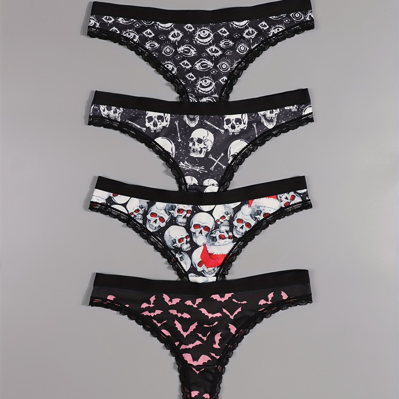 TEMU 4 piezas Sexy Lindo Gótico Encaje Mujer Tangas, Halloween Negro Rosa Calavera & Ojos & & Estampado Total Cómodas Panties, Ropa Interior Y