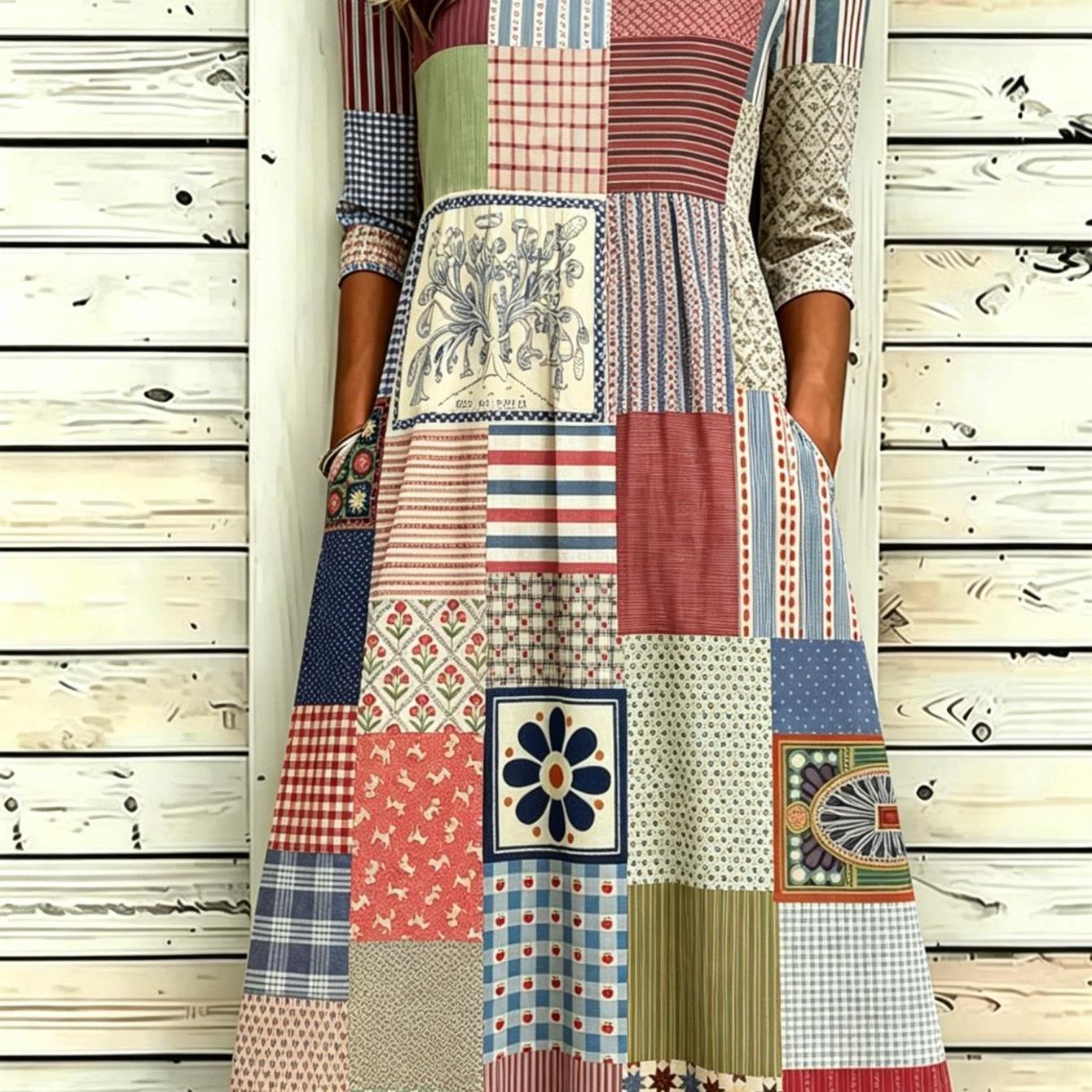 Plus Size - Women's Color- Print Midi Dress With Round Neckline And Pockets