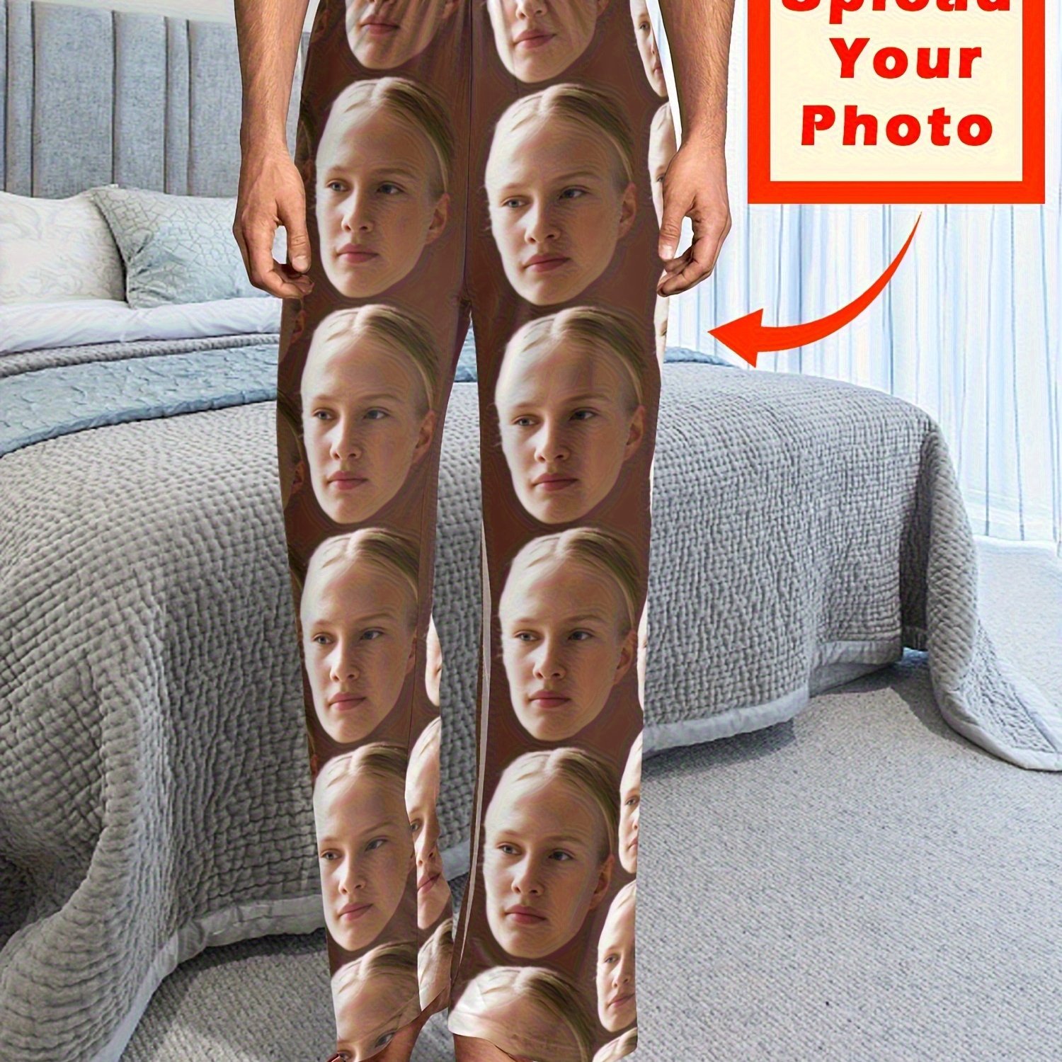 TEMU Custom Photo Pants For Men- Your Own Image Full Print| Red And White Portrait Design| Stretch Polyester Textile And Spandex Blend| Loose Casual
