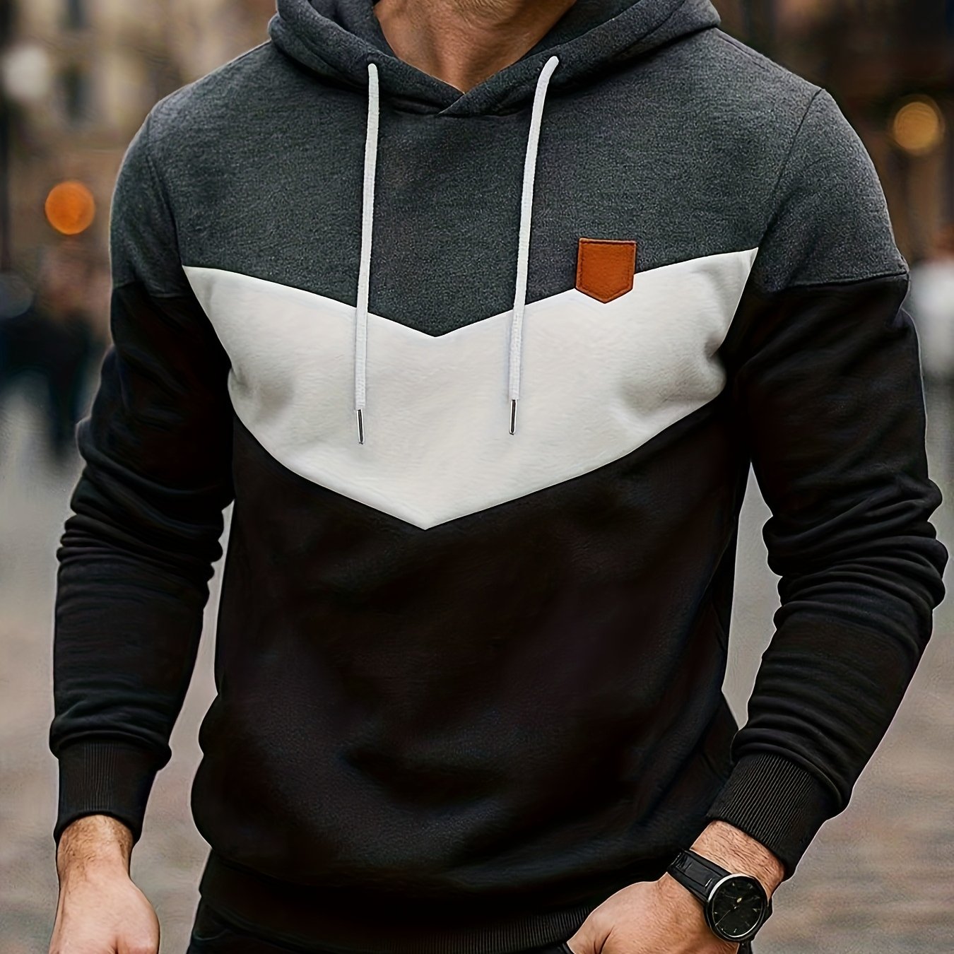 Autumn/ Trend Men's Sweatshirt, Casual Versatile Color-block -lined Hoodie