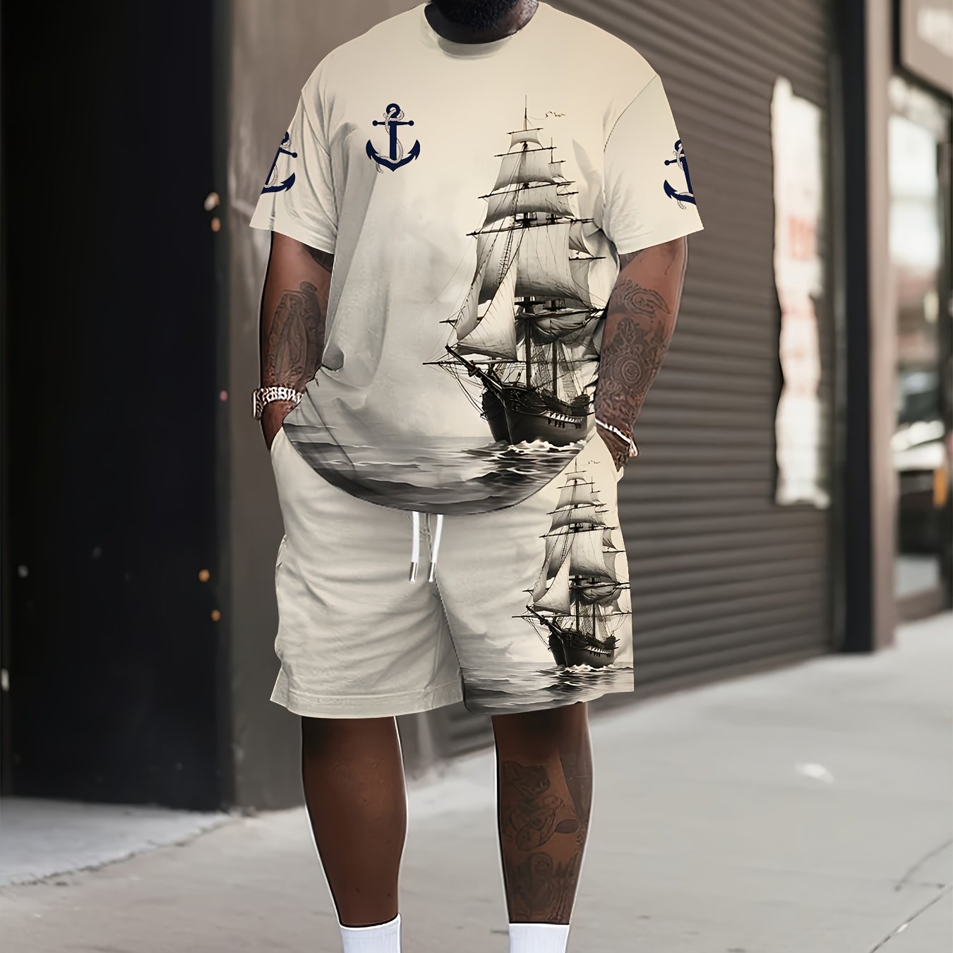 TEMU Plus Size Men's Casual Sports Suit Breathable Outdoor Casual Men's T-shirt And Shorts Suit Summer Printed Suit Men's Adult Suit
