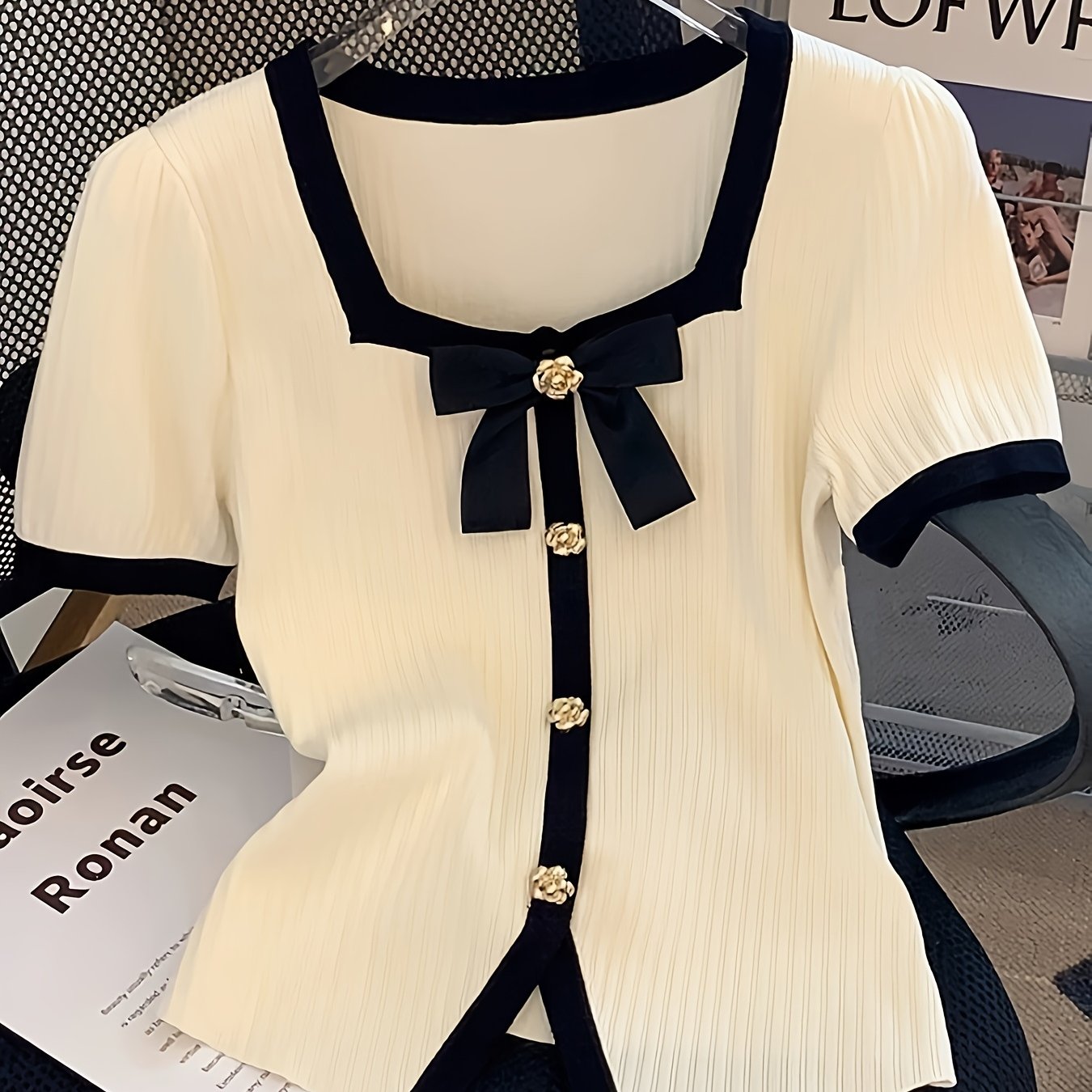 TEMU Women's Elegant Bow Detail Shirt - Short Sleeve Square Neck T-shirt With Color-blocking (colors Suitable For Spring/summer), Blouse For Spring