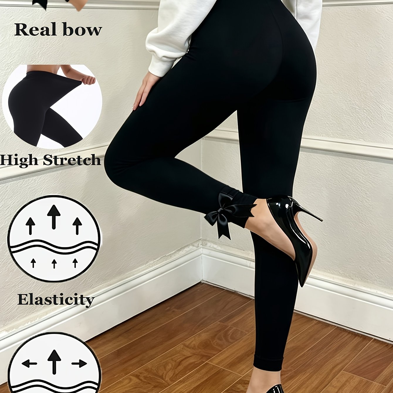 TEMU Women Spring Autumn Solid Color Leggings Decorated Trouser Mouth Bow Delicate Soft Fabric Stretch Versatile Style Tights Pants Daily Outfits