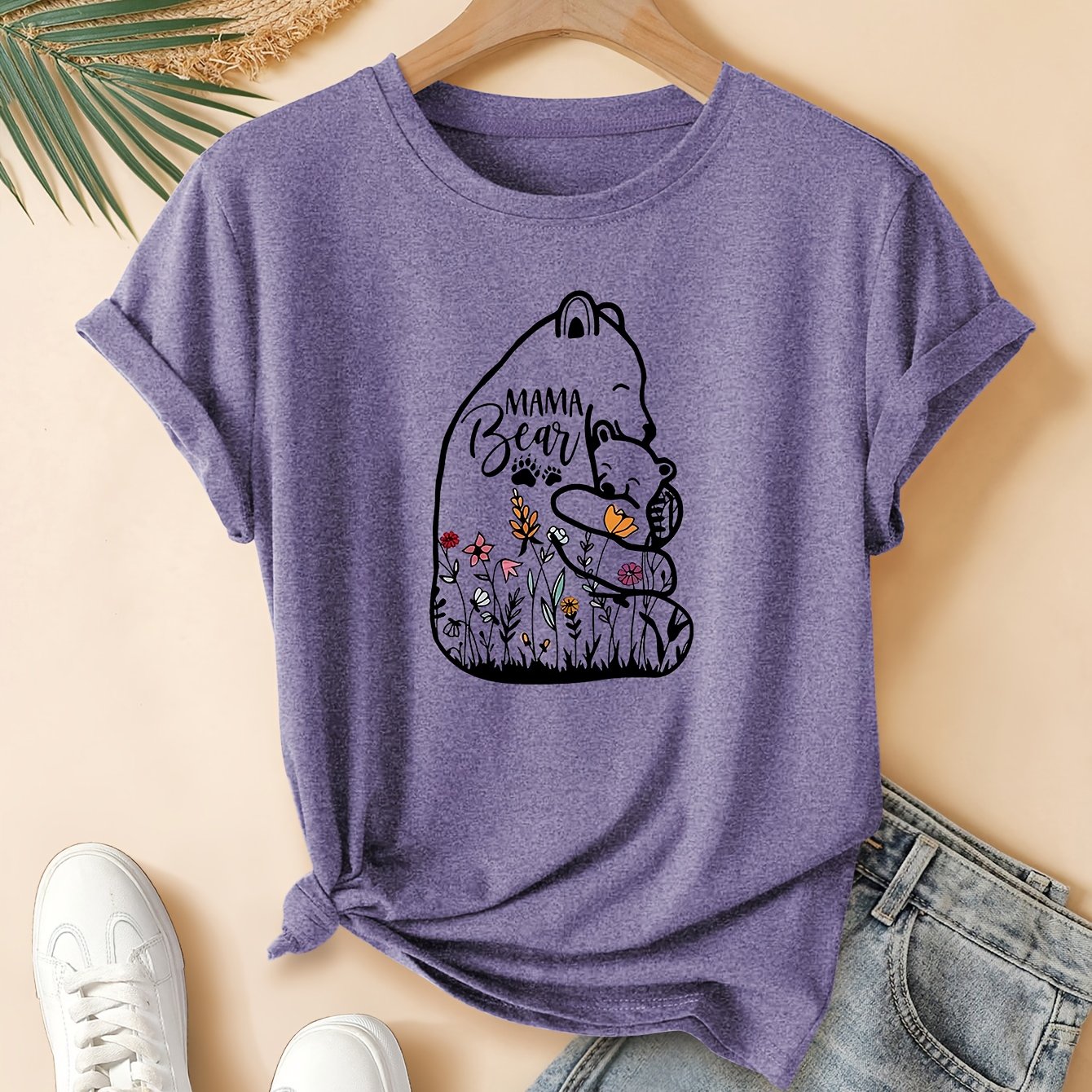 TEMU Elegant Vintage Style Women's T-shirt | Mom Bear Print, Casual Crew Neck, Comfortable And Breathable, Medium Stretch Fabric, In Multiple Colors