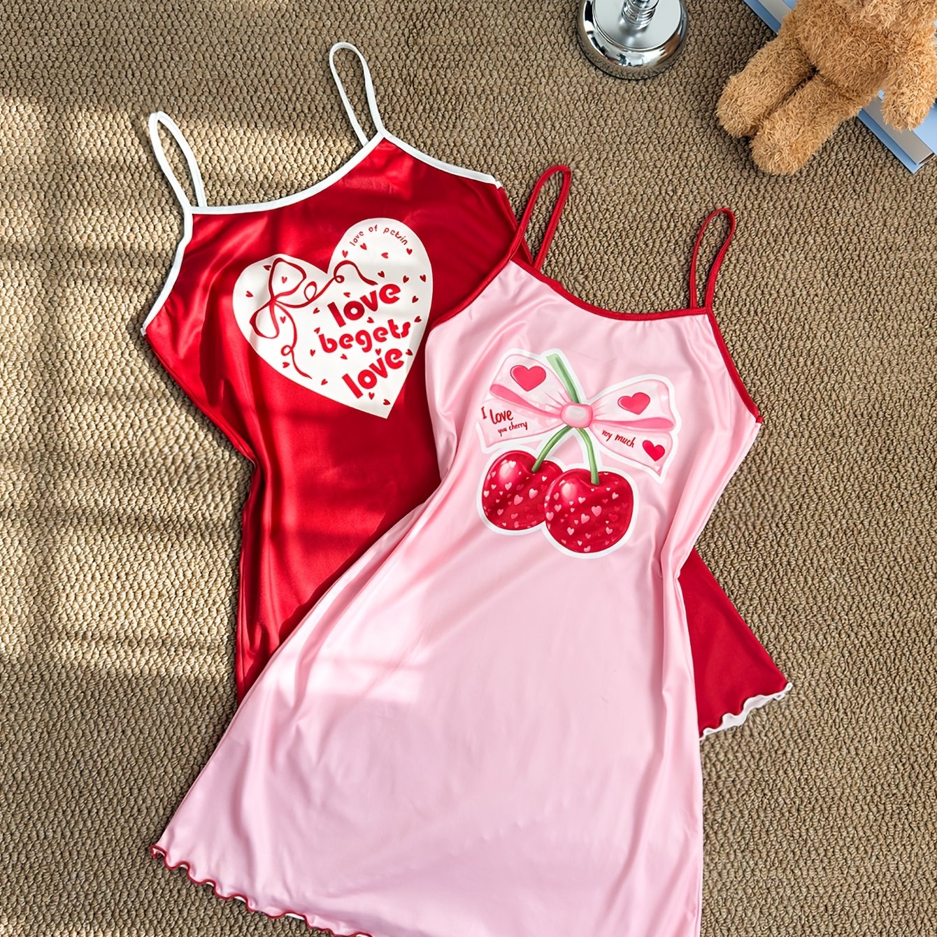 TEMU 2pcs Heart & Cherry Print Slip Dress Set, Comfortable Elegant Cute All-match Dress, Sexy For Women Daily Wear